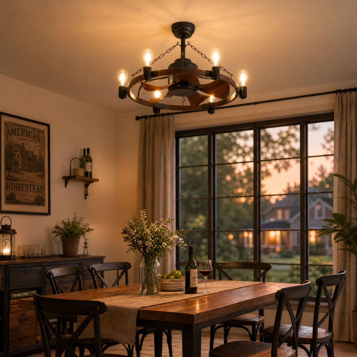 Rustic wagon wheel ceiling fan in dining room — 28.3" caged fandelier, warm sunset glow, wooden table, farmhouse decor | Sofary Lighting