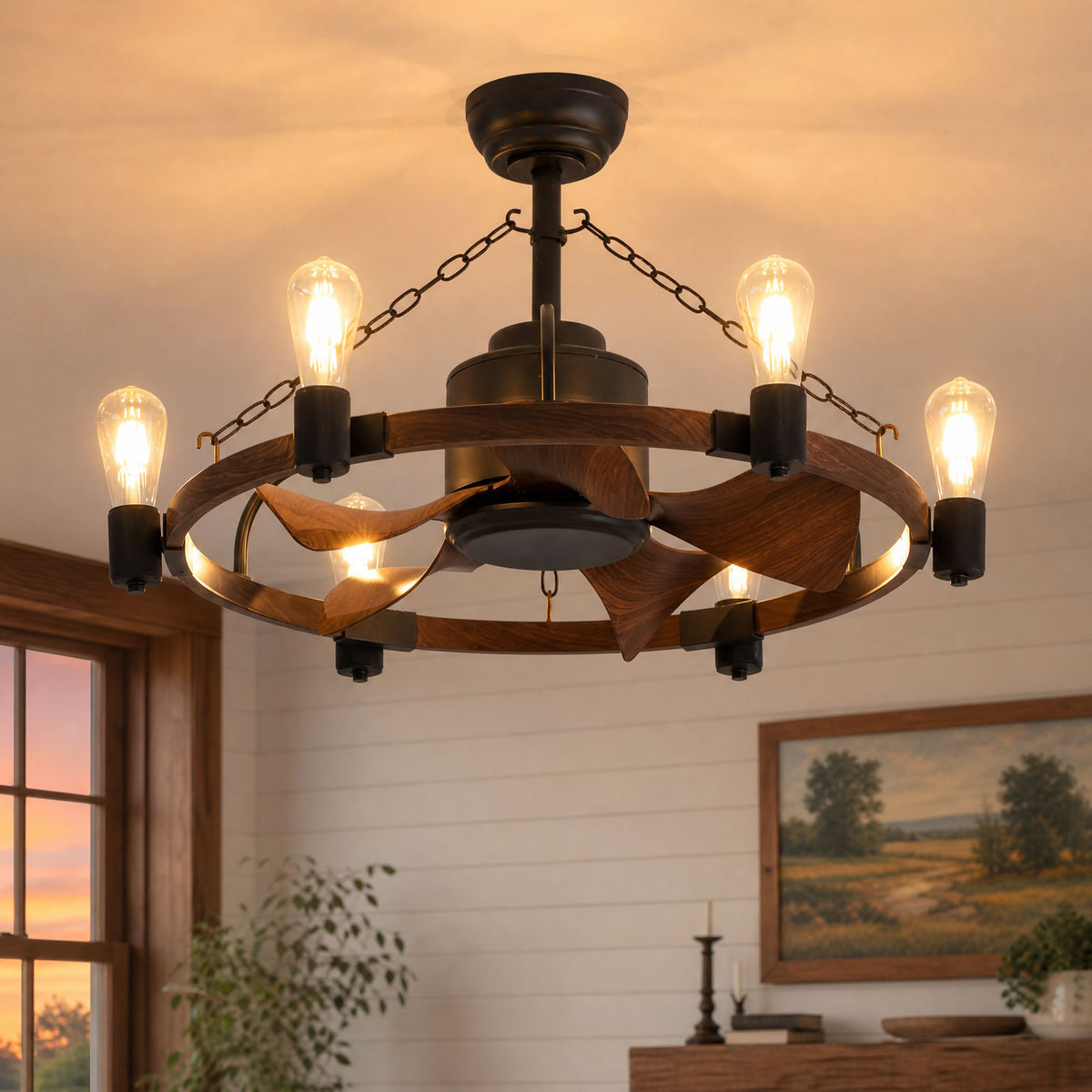 28.3" Farmhouse Wagon Wheel Caged Fandelier — rustic wood wheel, black metal cage, 6 exposed bulbs, retro ceiling fan light | Sofary Lighting