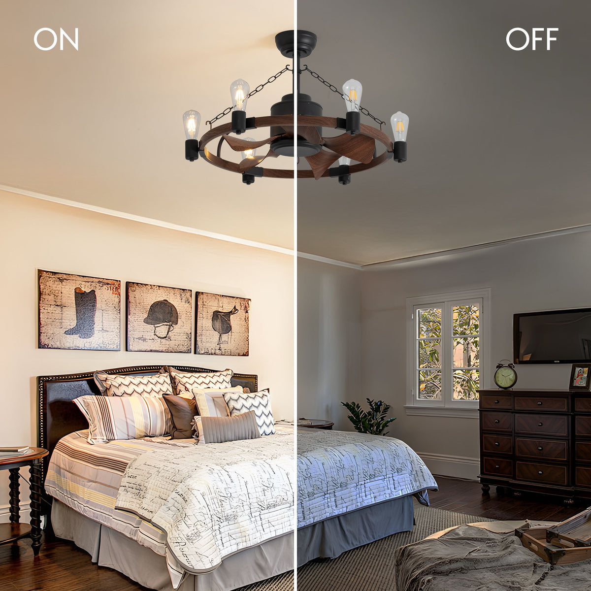 Wagon wheel fandelier light on & off — 28.3" farmhouse caged ceiling fan, 6 bulbs warm glow, rustic wood metal design | Sofary Lighting