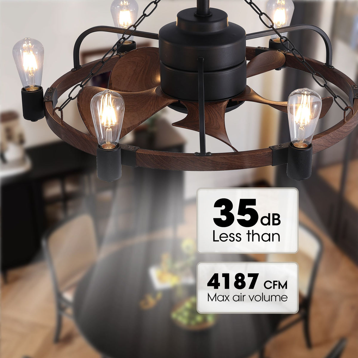 Quiet ceiling fan less than 35dB — 4187 CFM max air volume, 28.3" wagon wheel caged fandelier, strong airflow, rustic decor | Sofary Lighting