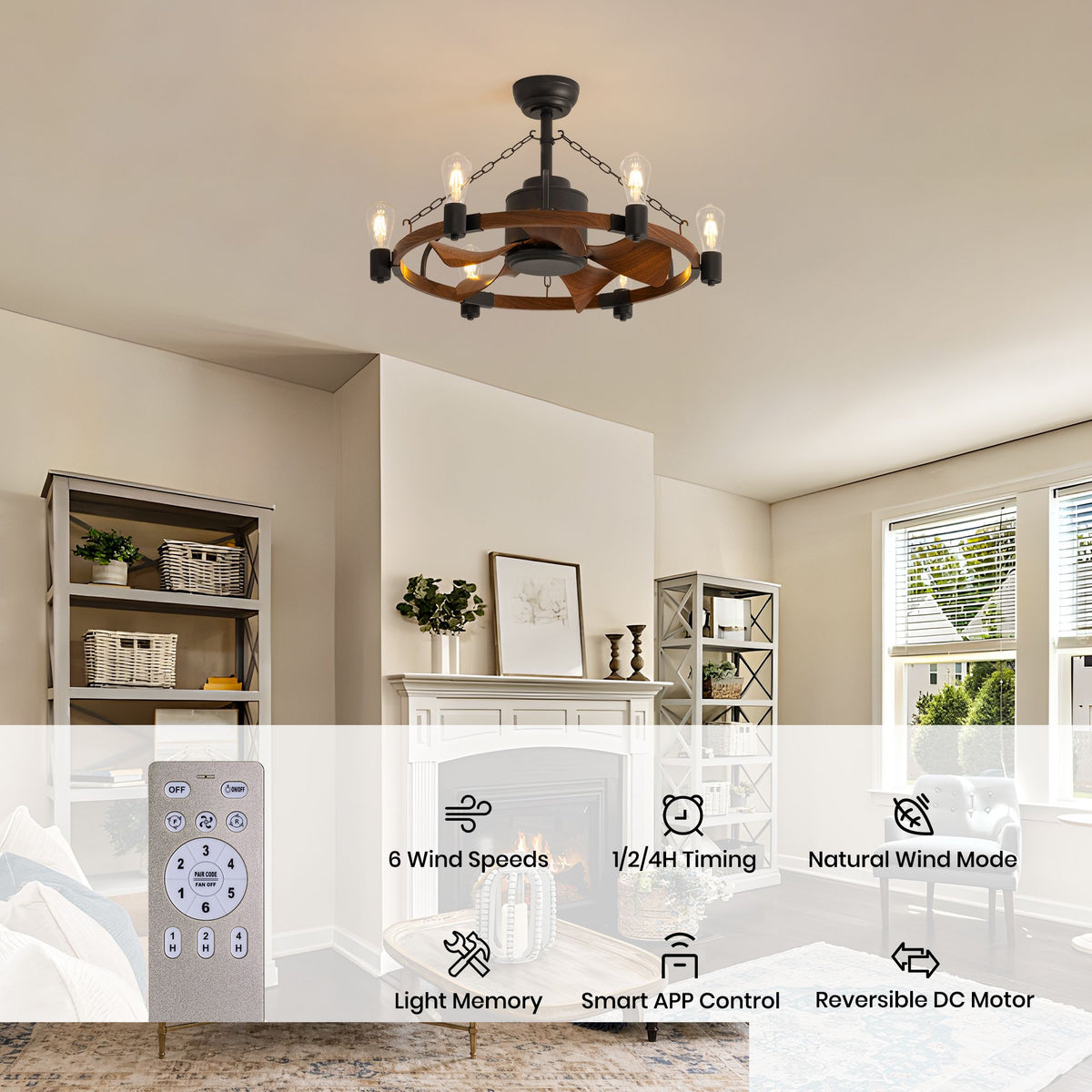 Remote & smart app control — 6 wind speeds, 1/2/4H timing, natural wind, light memory, reversible DC motor, 28.3" farmhouse fandelier | Sofary Lighting