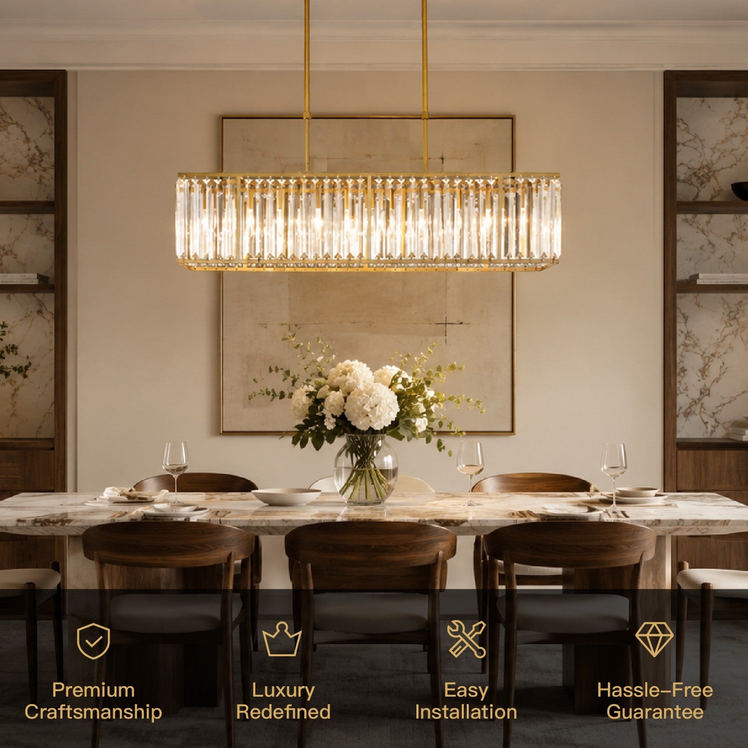 Elysian Modern Luxury Gold K9 Crystal Rectangular Chandelier