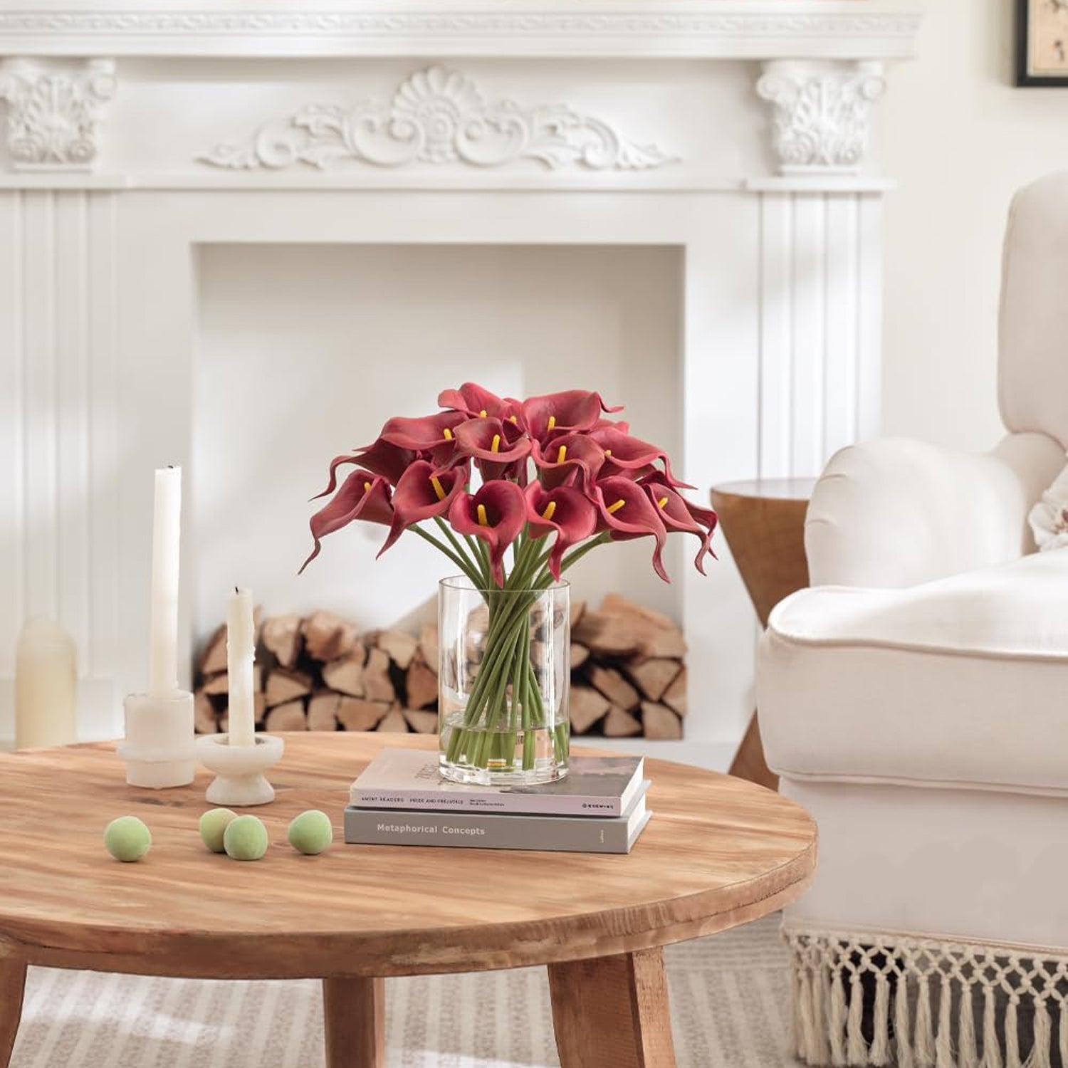 Artificial Burgundy Red Calla Lilies in Glass Vase with Faux Water – Elegant Table Centerpiece