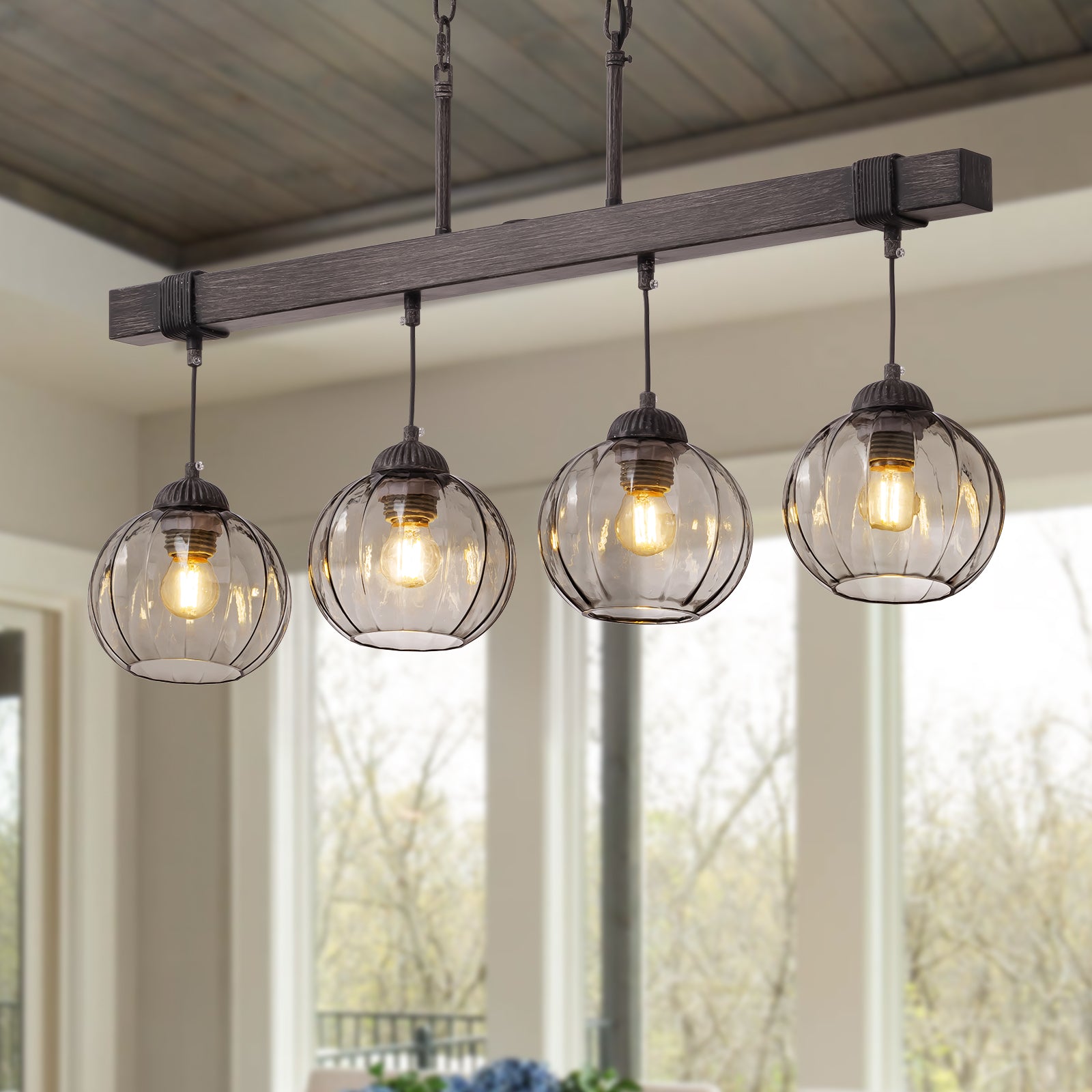 Rustora Farmhouse Dark Glass Globe Linear Island Chandelier