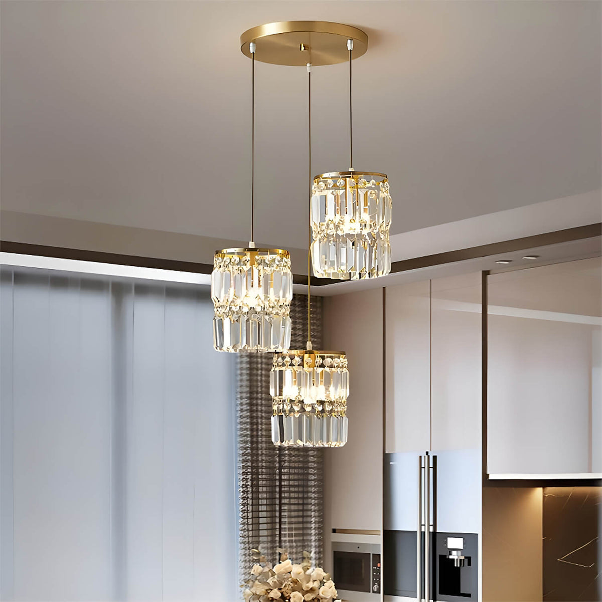 3-Light Gold Crystal Chandelier - Linear Pendant Light | Sofary