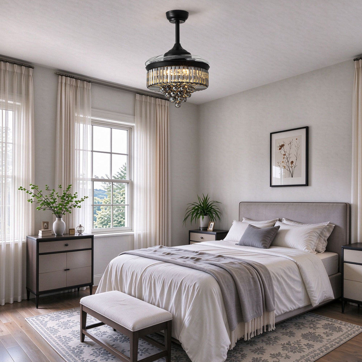 Crystal fandelier ceiling fan in bedroom — 36" retractable LED light, soft grey linen decor, sunny window, quiet cooling comfort | Sofary Lighting
