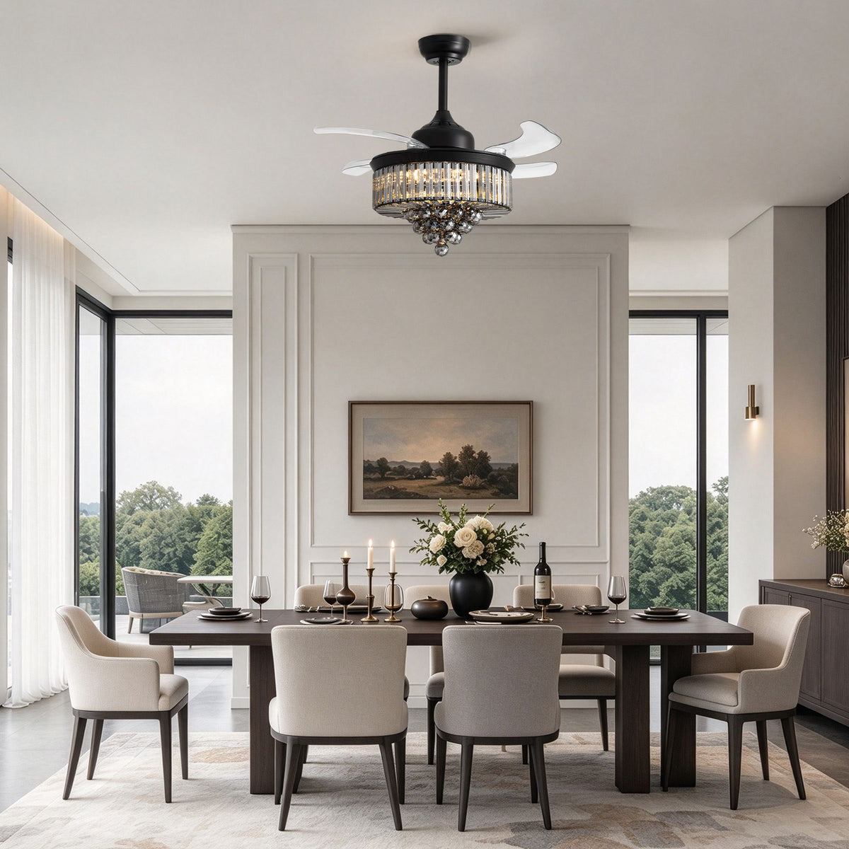 Crystal retractable ceiling fan in dining room — 36" black fandelier chandelier, dark wood table, neutral upholstered chairs, elegant dinner setting | Sofary Lighting