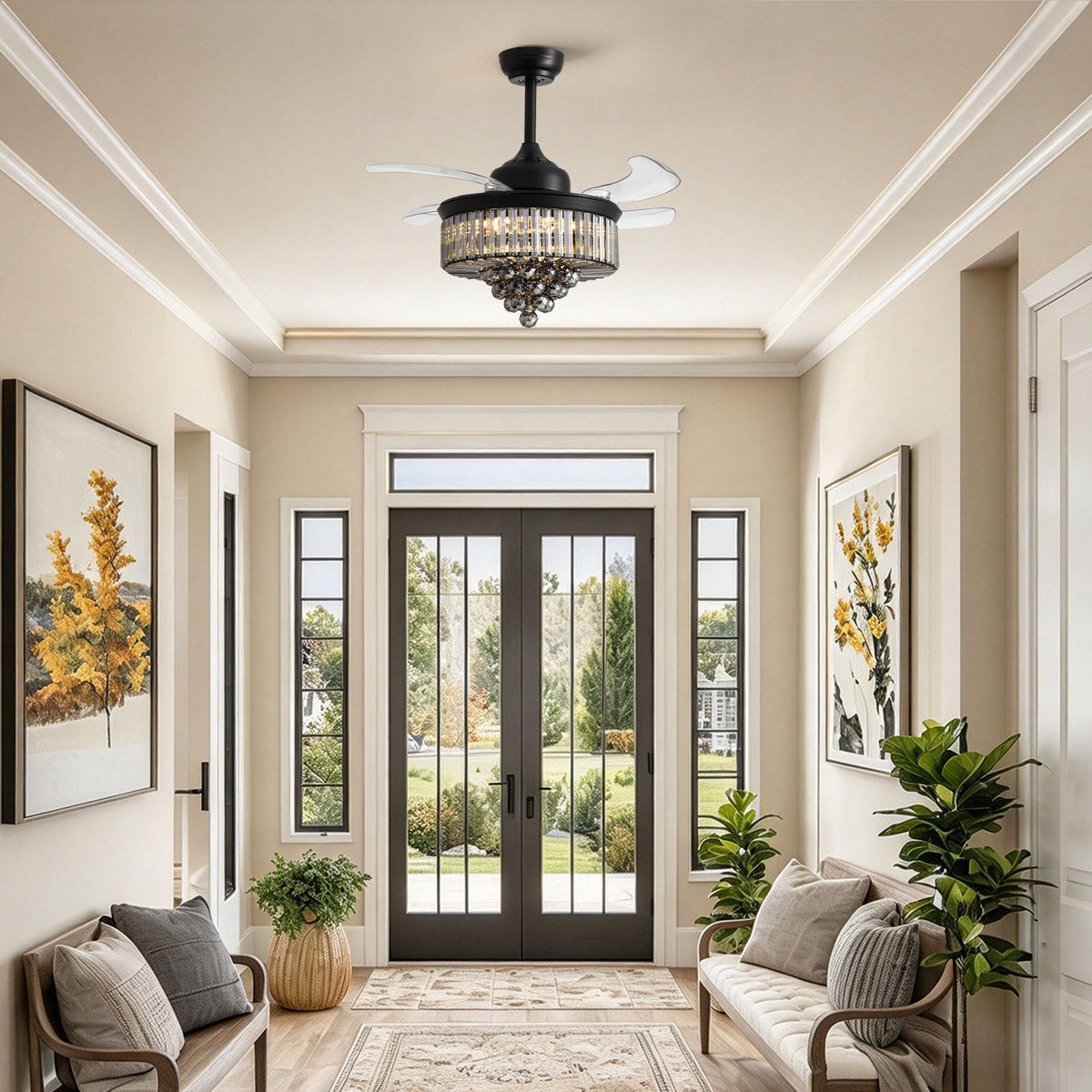 36" crystal ceiling fan in foyer — black retractable fandelier chandelier, double doors, elegant entryway decor | Sofary Lighting
