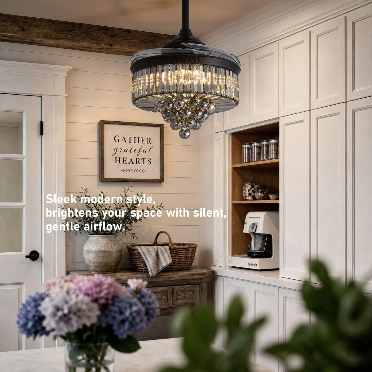 Black crystal fandelier in modern farmhouse kitchen — 36" retractable LED ceiling fan, warm glow, white cabinetry, gather grateful hearts decor | Sofary Lighting