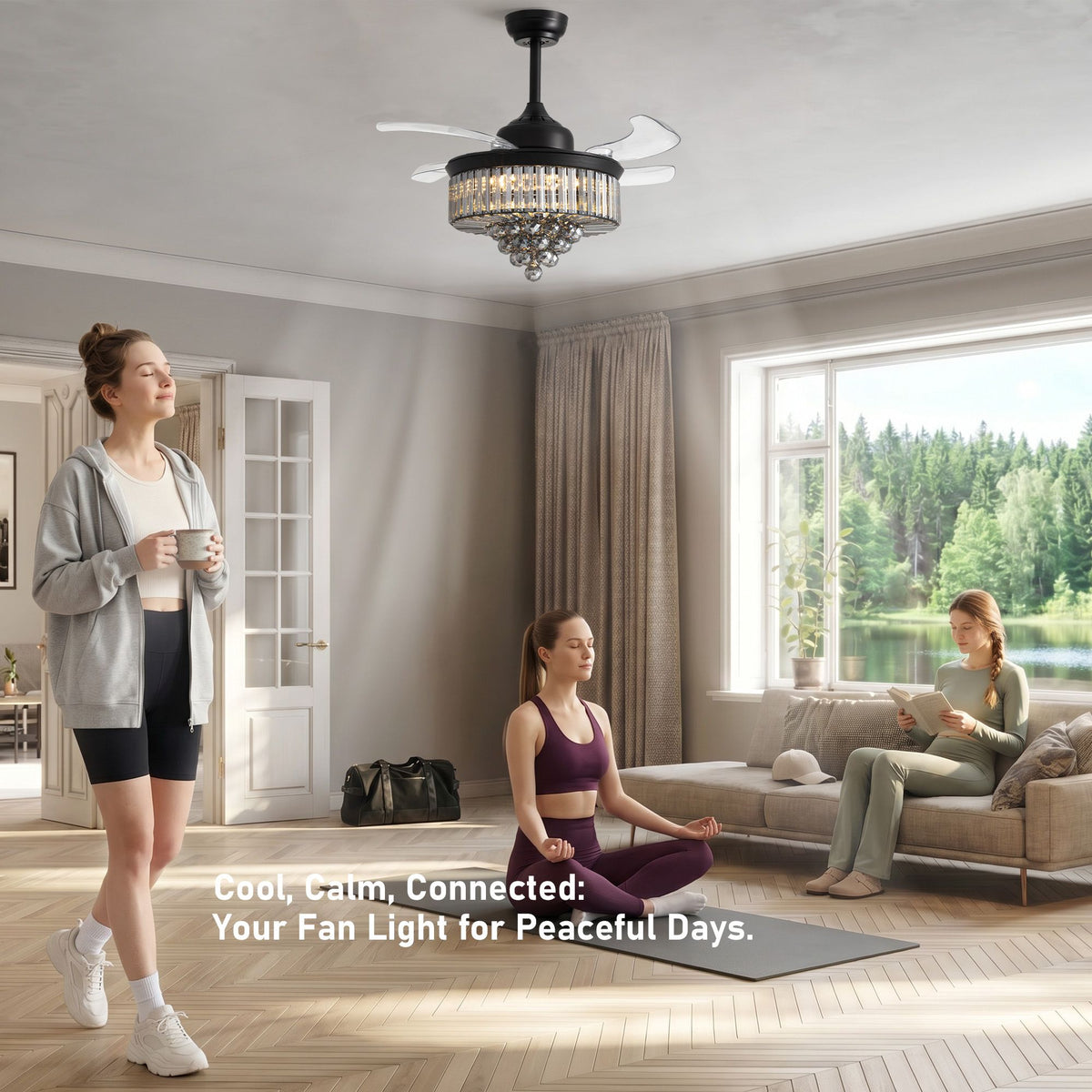 Crystal retractable fandelier in living room — 36" black LED ceiling fan, quiet airflow, cozy yoga and reading corner, modern home decor | Sofary Lighting