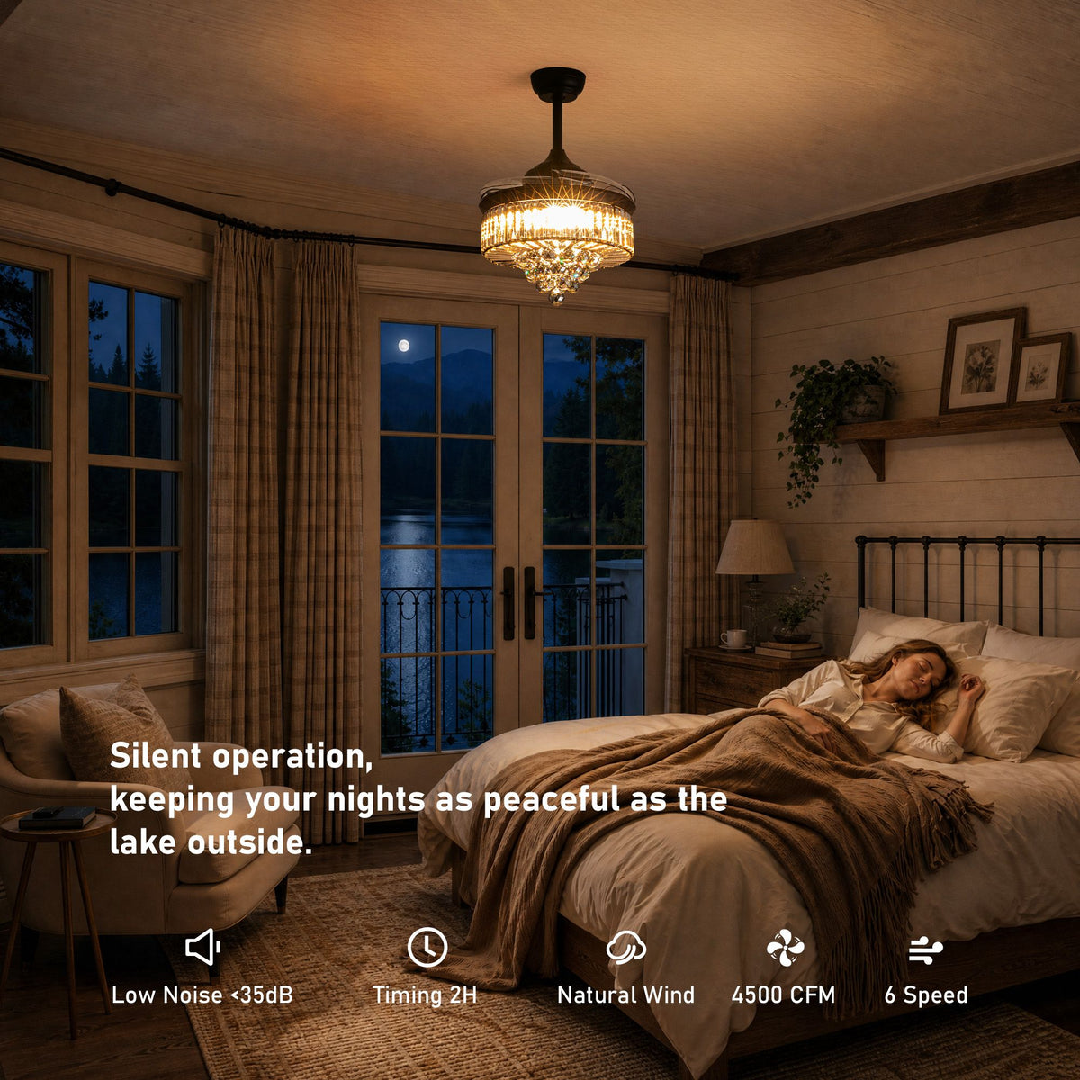 Silent crystal ceiling fan — <35dB low noise, 2H timer, natural wind, 4500 CFM, 6 speeds, peaceful sleep in bedroom | Sofary Lighting
