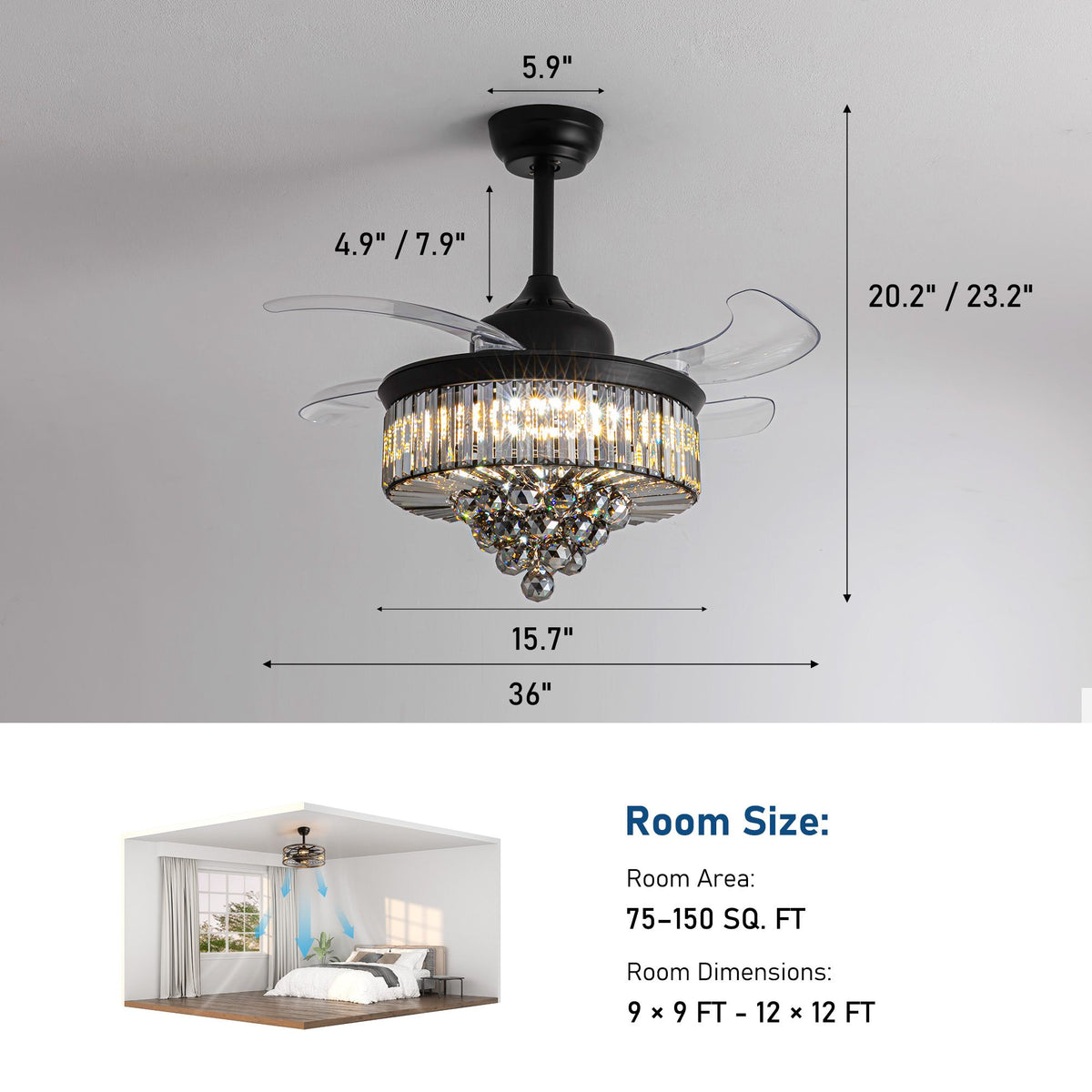 36" crystal retractable ceiling fan dimensions — 36" diameter, 15.7" body, 20.2"/23.2" height, 5.9" canopy, fits 75-150 sq.ft room (9x9 - 12x12 ft) | Sofary Lighting
