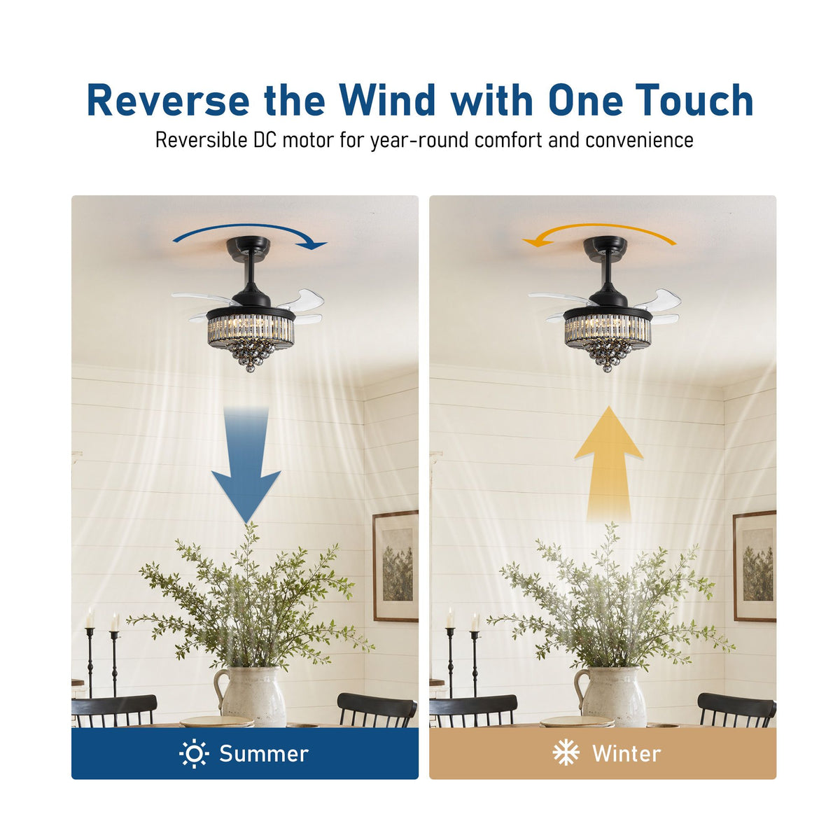Reverse the wind with one touch — summer downward cool airflow, winter upward warm air circulation, reversible DC motor crystal fandelier | Sofary Lighting