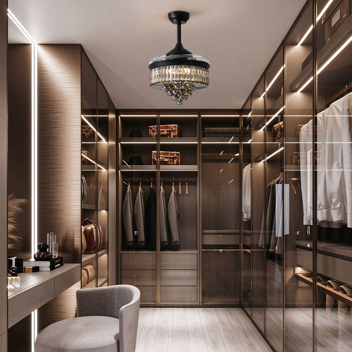 Crystal retractable fandelier in walk-in closet — 36" black LED ceiling fan, warm glow over luxury wardrobe, invisible blades | Sofary Lighting