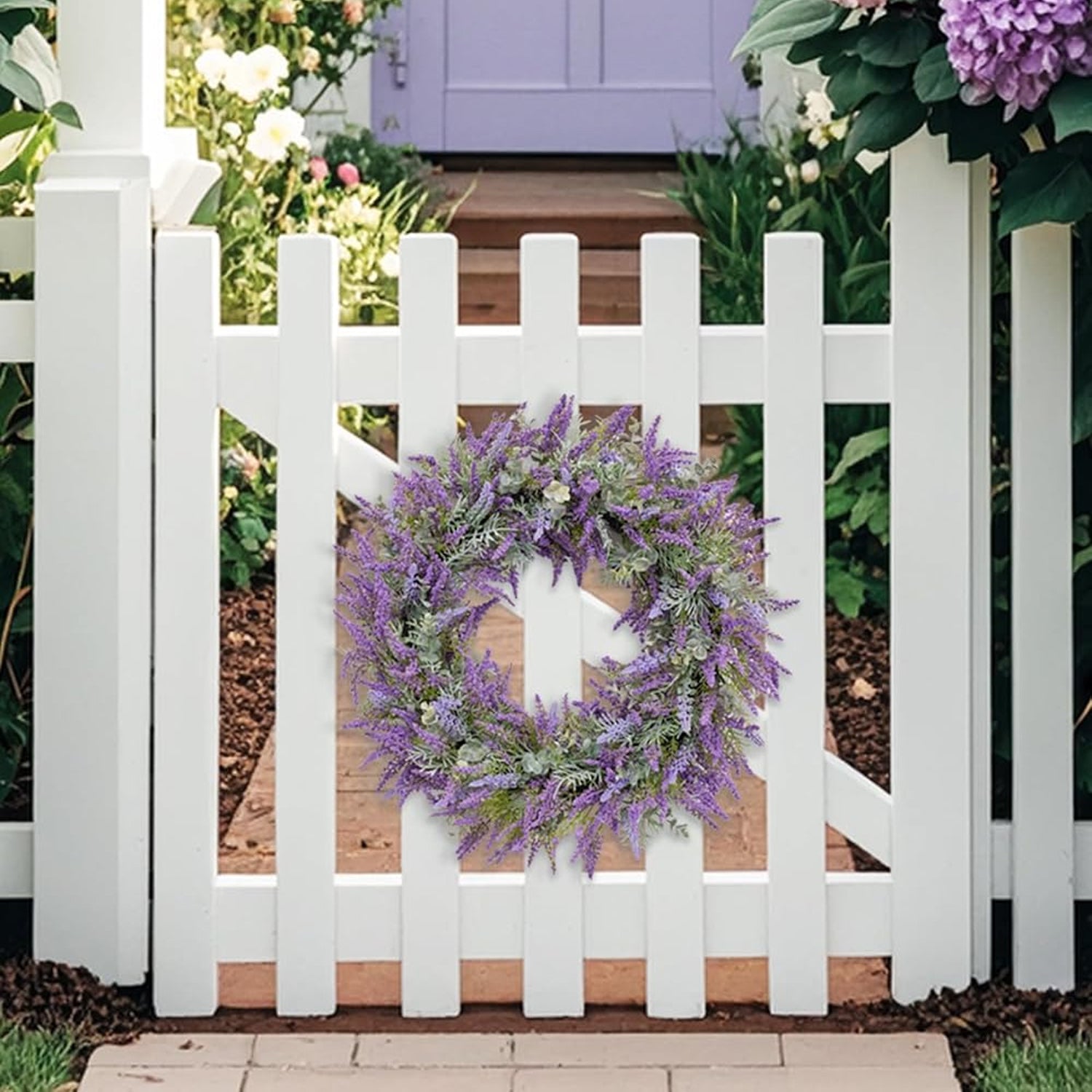 Artificial Purple Lavender Wreath for Front Door – 20" All-Season Floral Door & Wall Décor