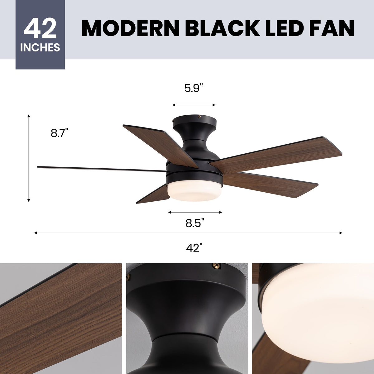 42" Modern Black LED Ceiling Fan dimensions — 42" blade span, 8.7" total height, 5.9" canopy, 8.5" LED light kit, dark wood blade and matte black motor detail insets, flush mount design | Sofary Lighting