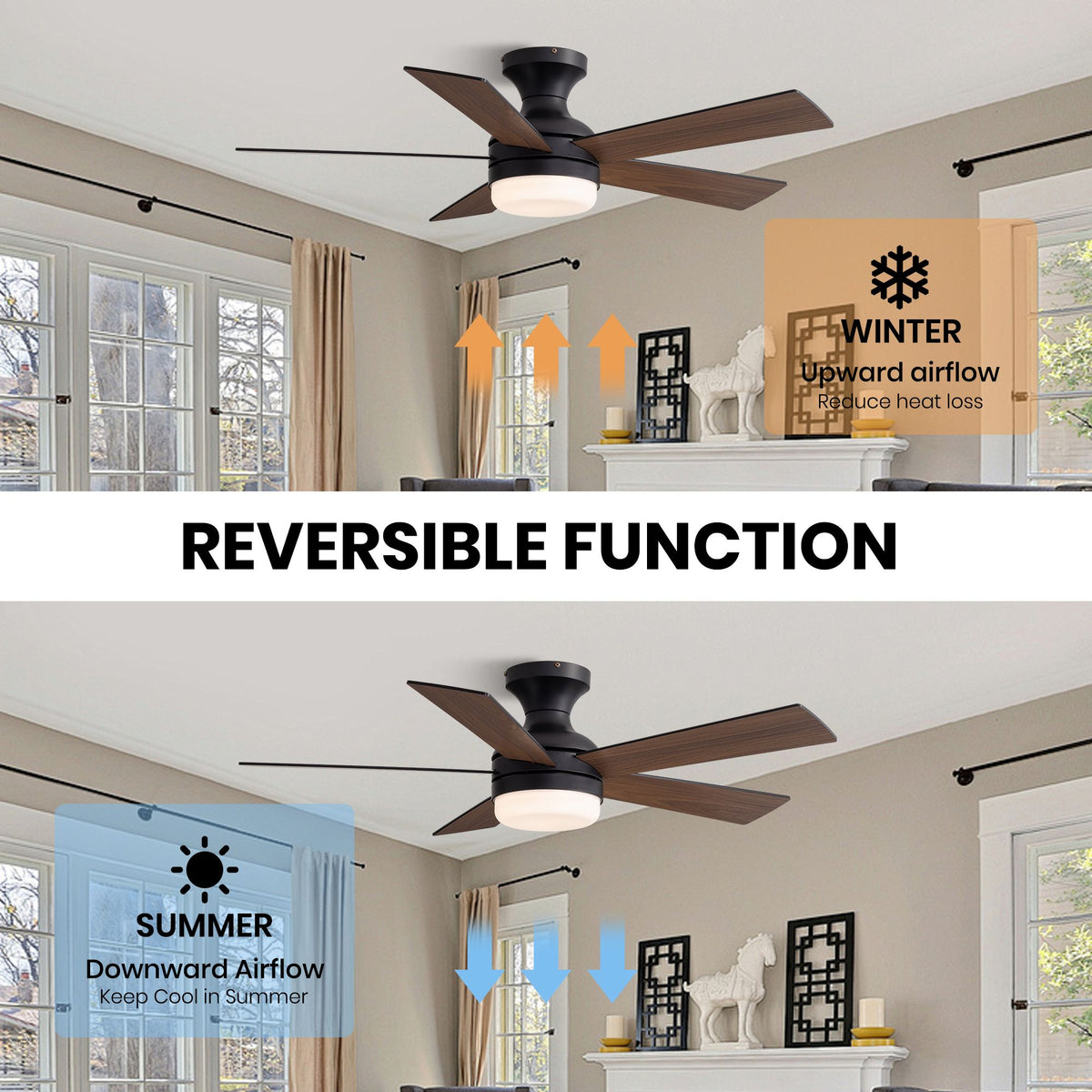 Reversible ceiling fan summer and winter mode — summer forward downward airflow keep cool (blue arrows), winter reverse upward airflow reduce heat loss (orange arrows), reversible DC motor | Sofary Lighting