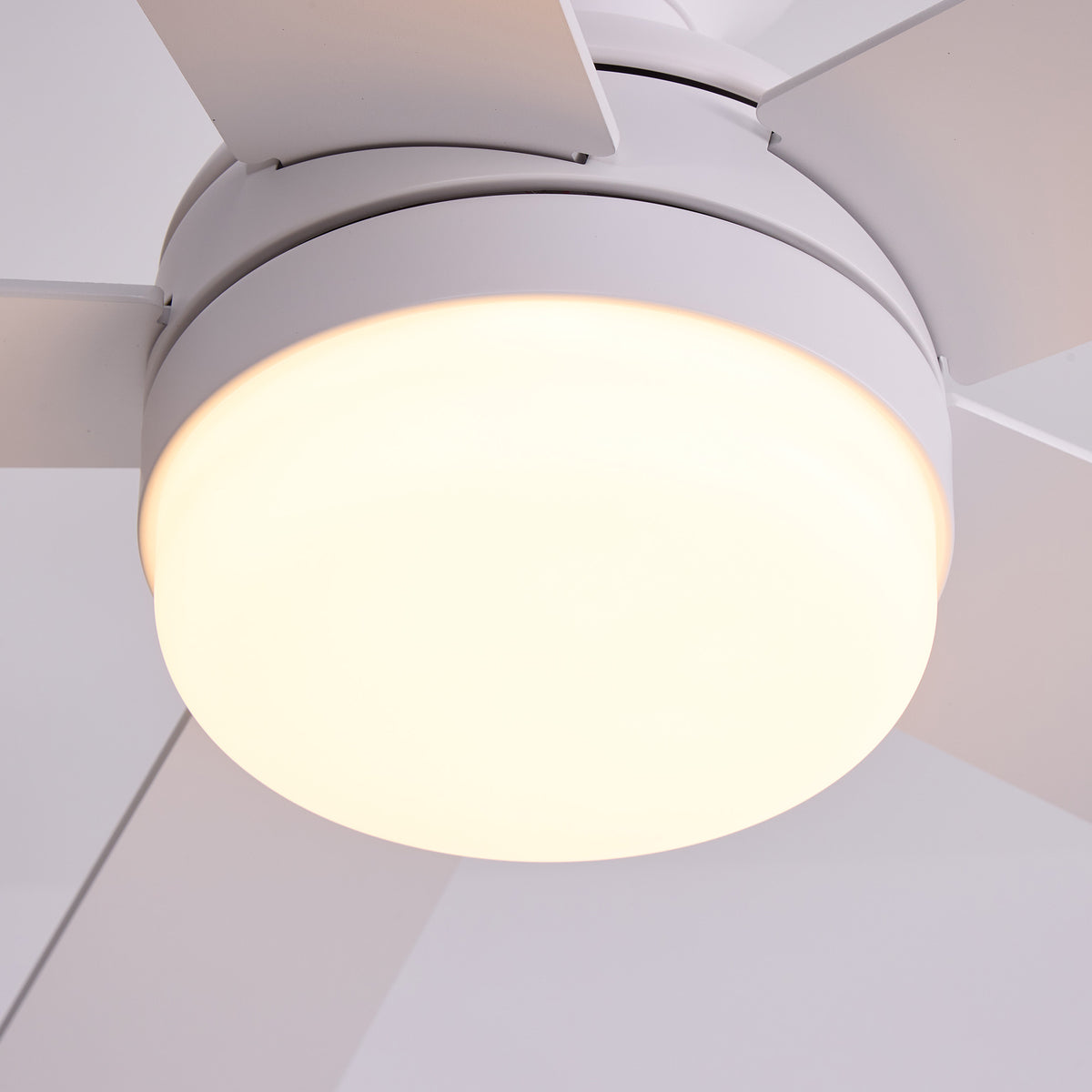 Close-up of round LED light — soft warm glow, white matte housing, integrated light kit, modern ceiling fan detail | Sofary Lighting