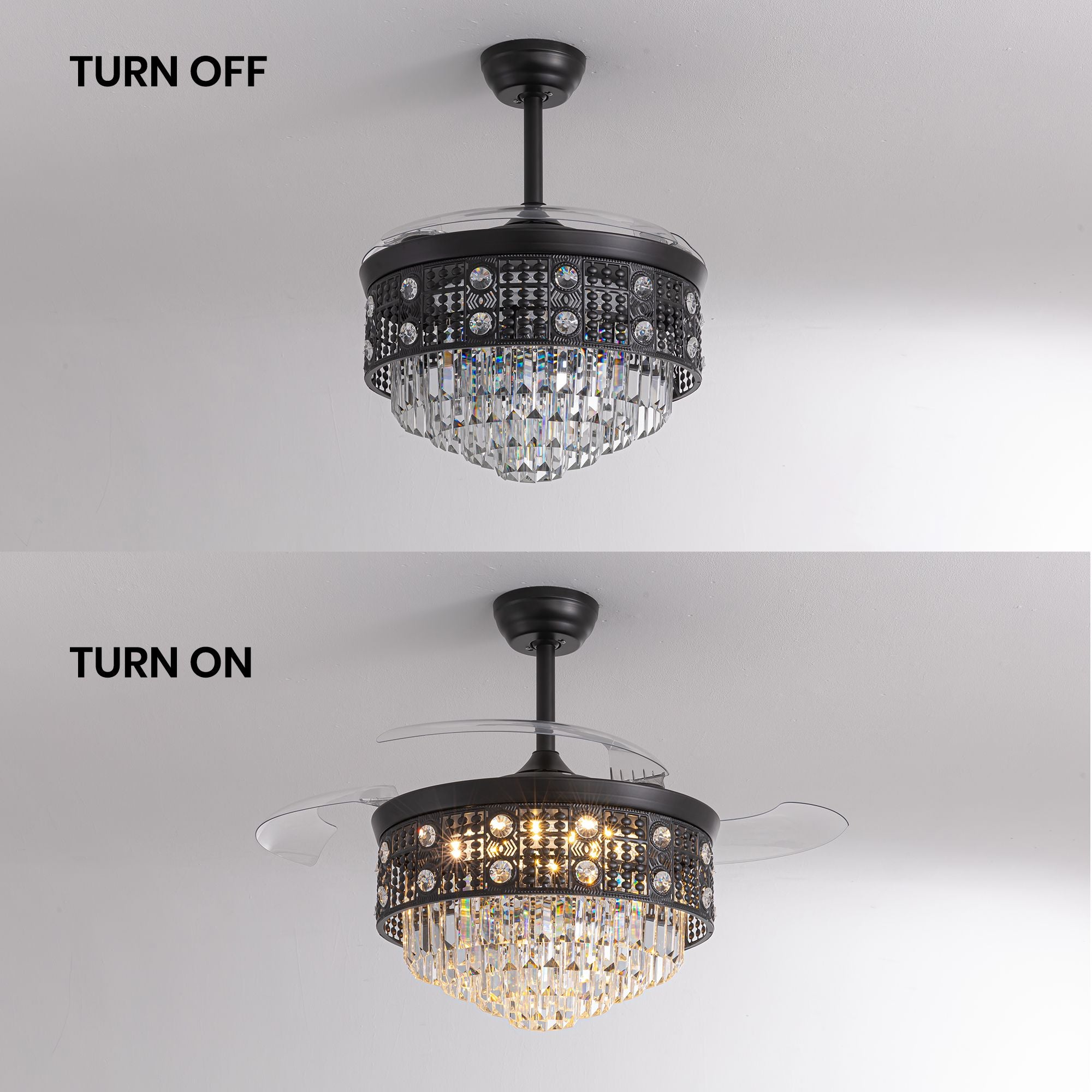 Black crystal ceiling fan TURN OFF vs TURN ON — left blades retracted, fan off with crystal accents visible; right blades extended, warm LED illuminated through crystal pendants | Sofary Lighting