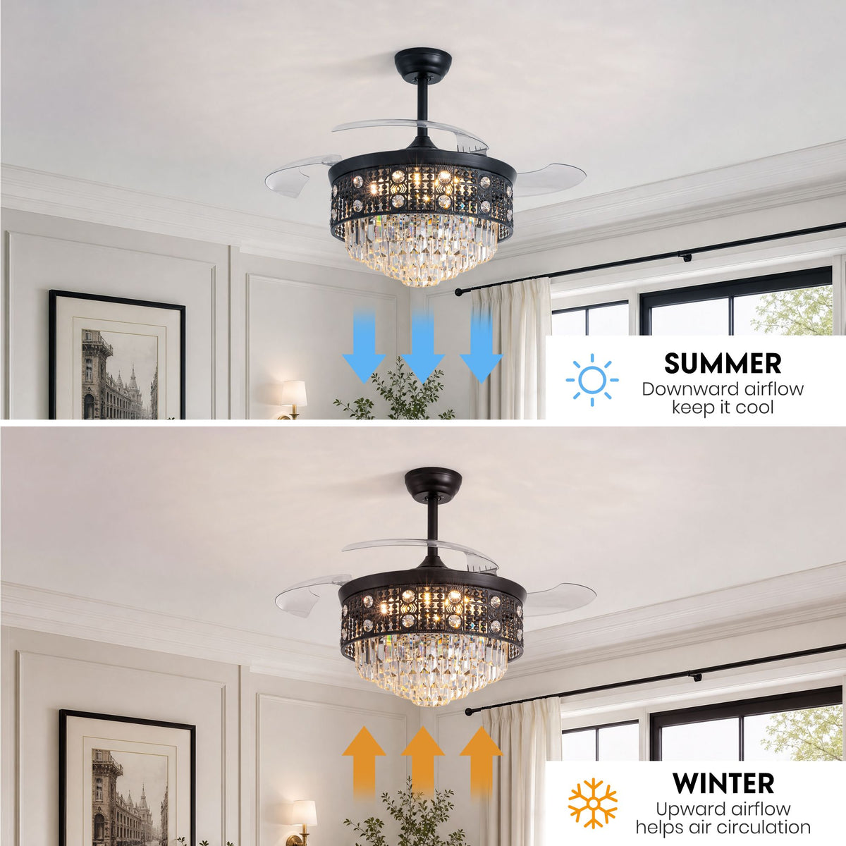 Retractable ceiling fan reversible motor — summer downdraft cooling mode with blue downward arrows, winter updraft air circulation mode with orange upward arrows | Sofary Lighting