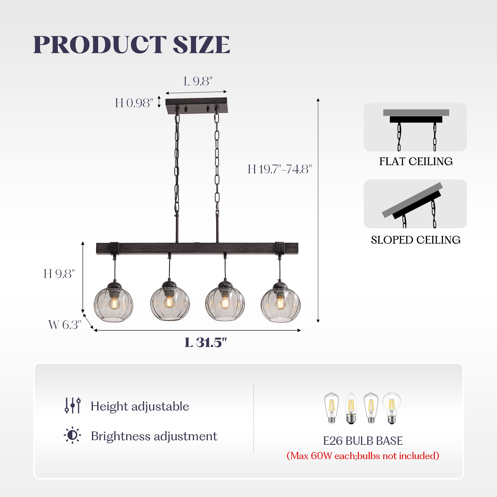 Rustora Farmhouse Dark Glass Globe Linear Island Chandelier