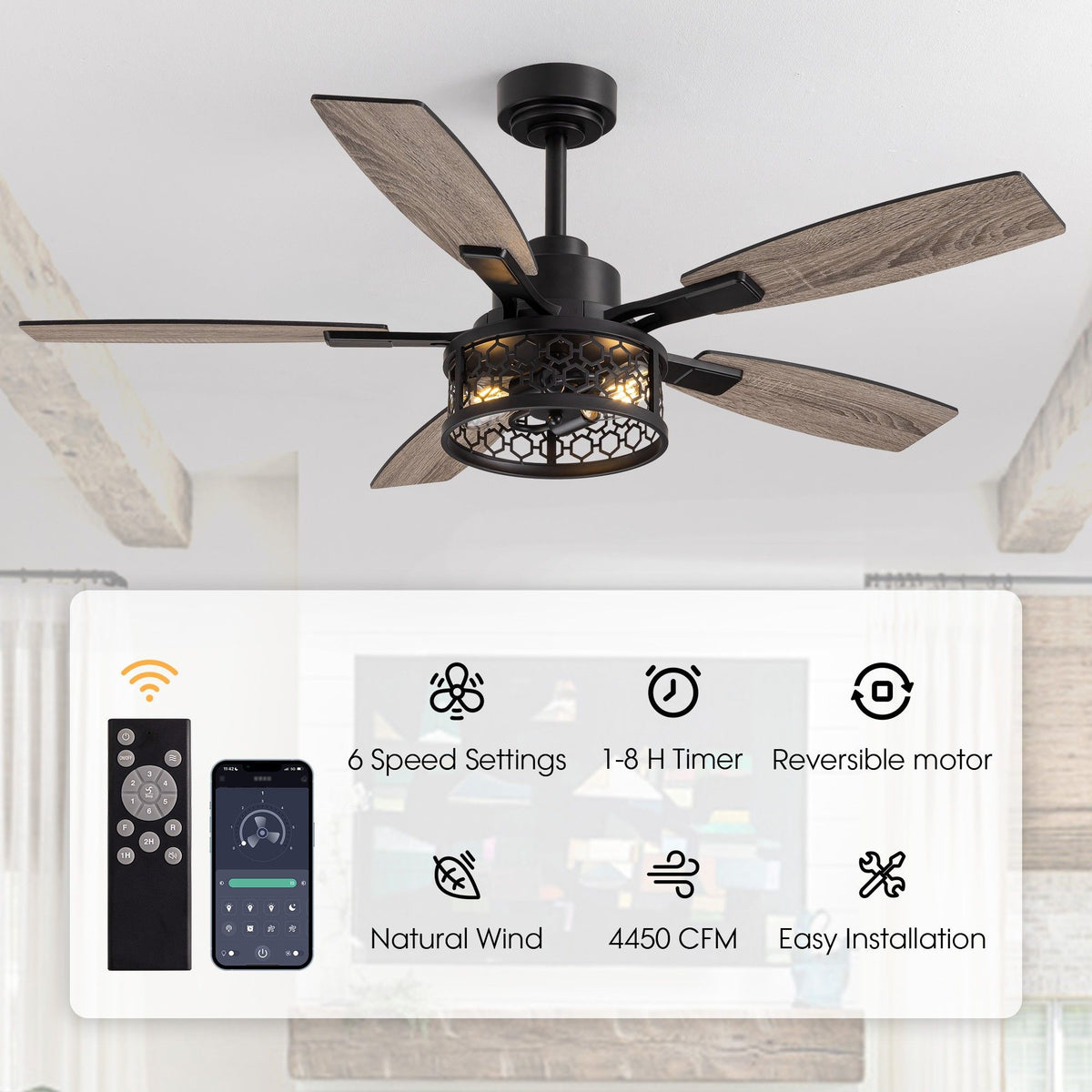 Ceiling fan features — remote & app control, 6 speeds, 1-8H timer, reversible motor, natural wind, 4450 CFM, easy installation | Sofary Lighting
