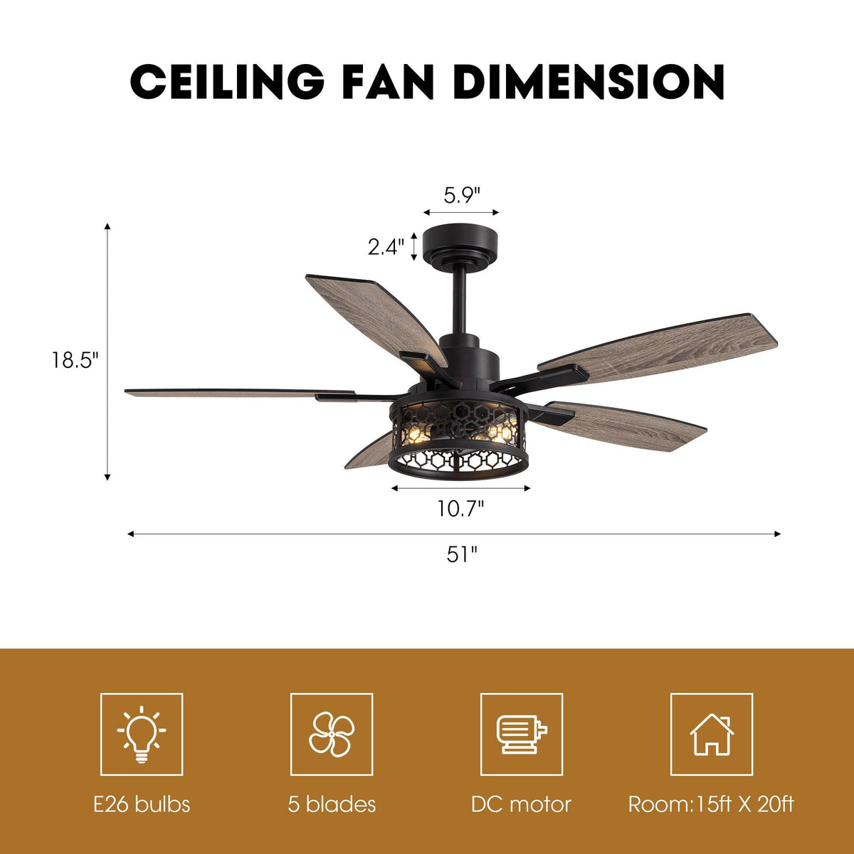 51" farmhouse caged ceiling fan dimensions — 51" blade span, 18.5" total height, 10.7" light diameter, 5.9" canopy, 2.4" extension, E26 bulbs, 5 blades, DC motor, ideal room 15ft x 20ft | Sofary Lighting