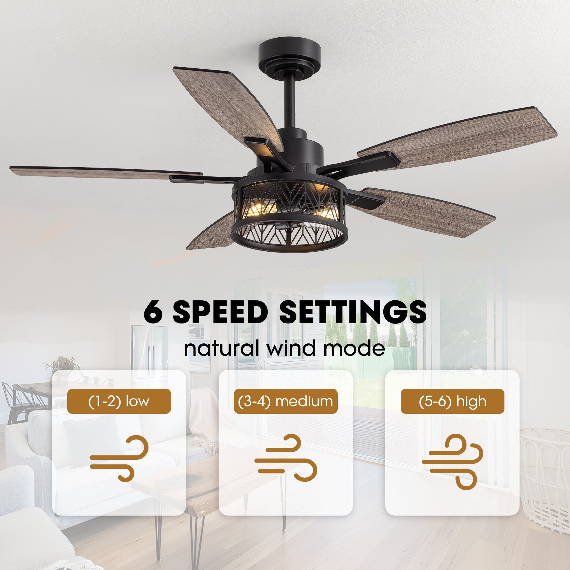 Ceiling fan 6 speed settings natural wind mode — low (1-2), medium (3-4), high (5-6) airflow levels, farmhouse fan close-up | Sofary Lighting