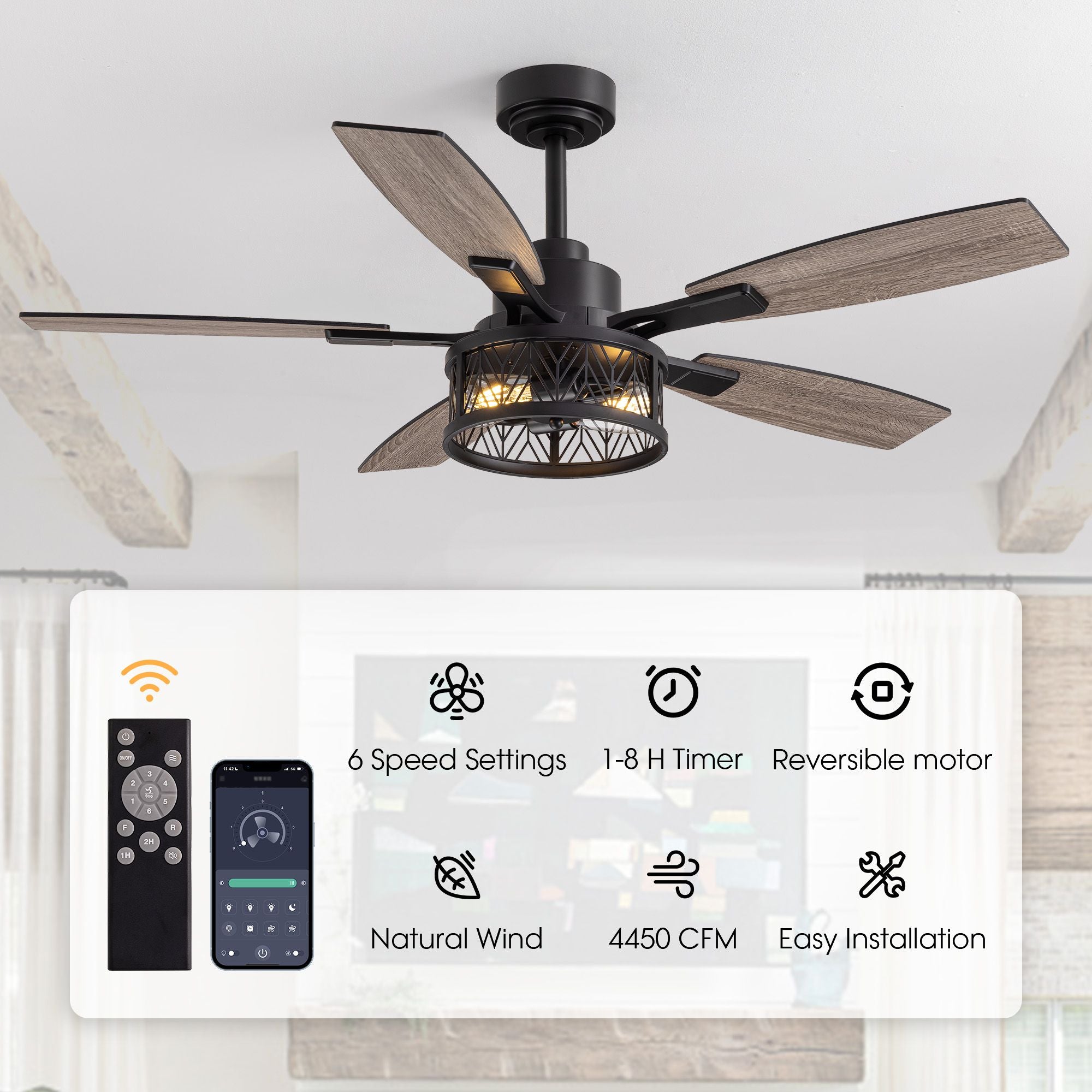 51" Farmhouse Ceiling Fan features — remote & app control, 6 speed settings, 1-8H timer, reversible DC motor, natural wind mode, 4450 CFM, easy installation | Sofary Lighting