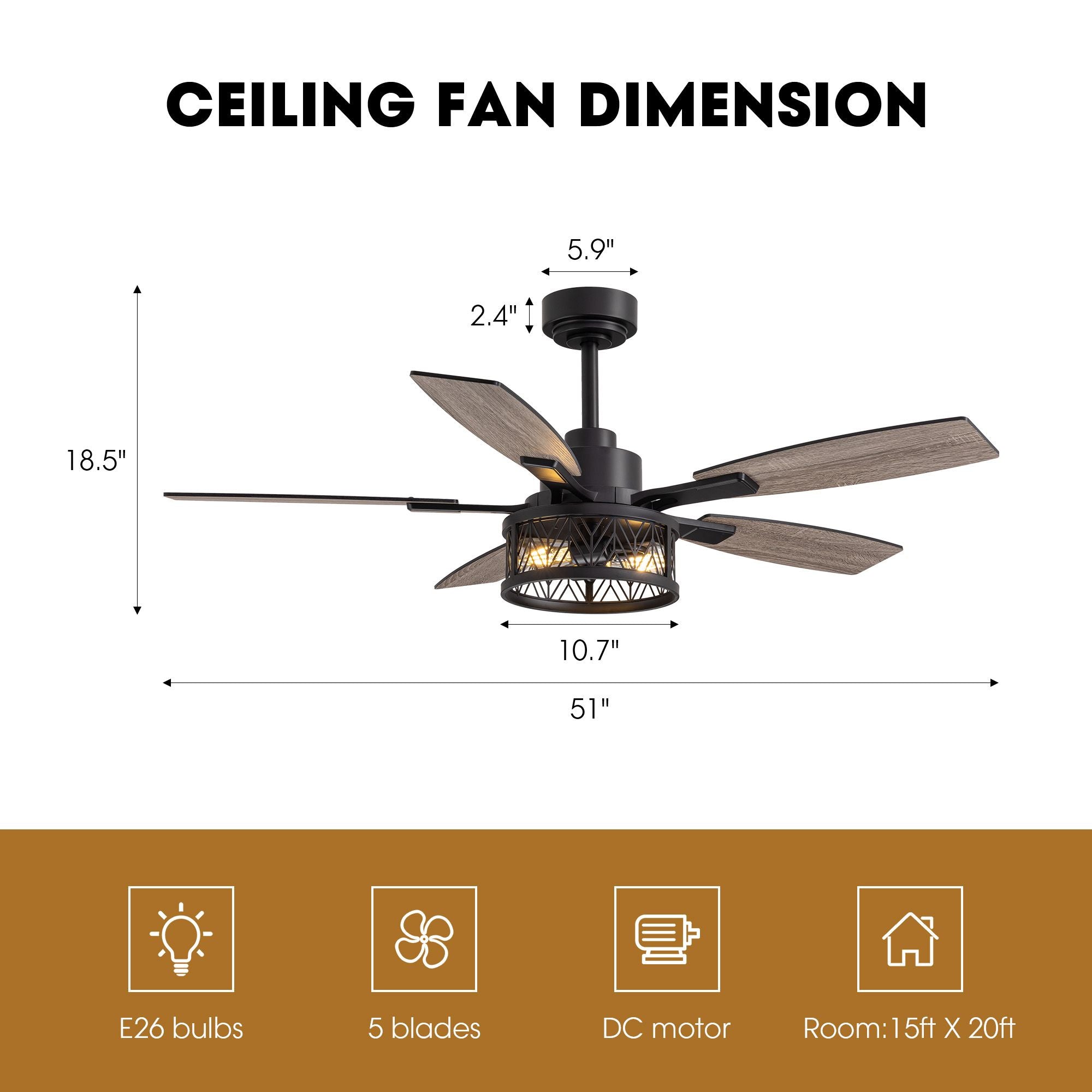 51" Farmhouse Ceiling Fan with LED Light dimensions — 51" blade span, 18.5" height, canopy 5.9", light shade 10.7", downrod 2.4", E26 bulbs, 5 reversible blades, DC motor, suitable room 15ft x 20ft | Sofary Lighting