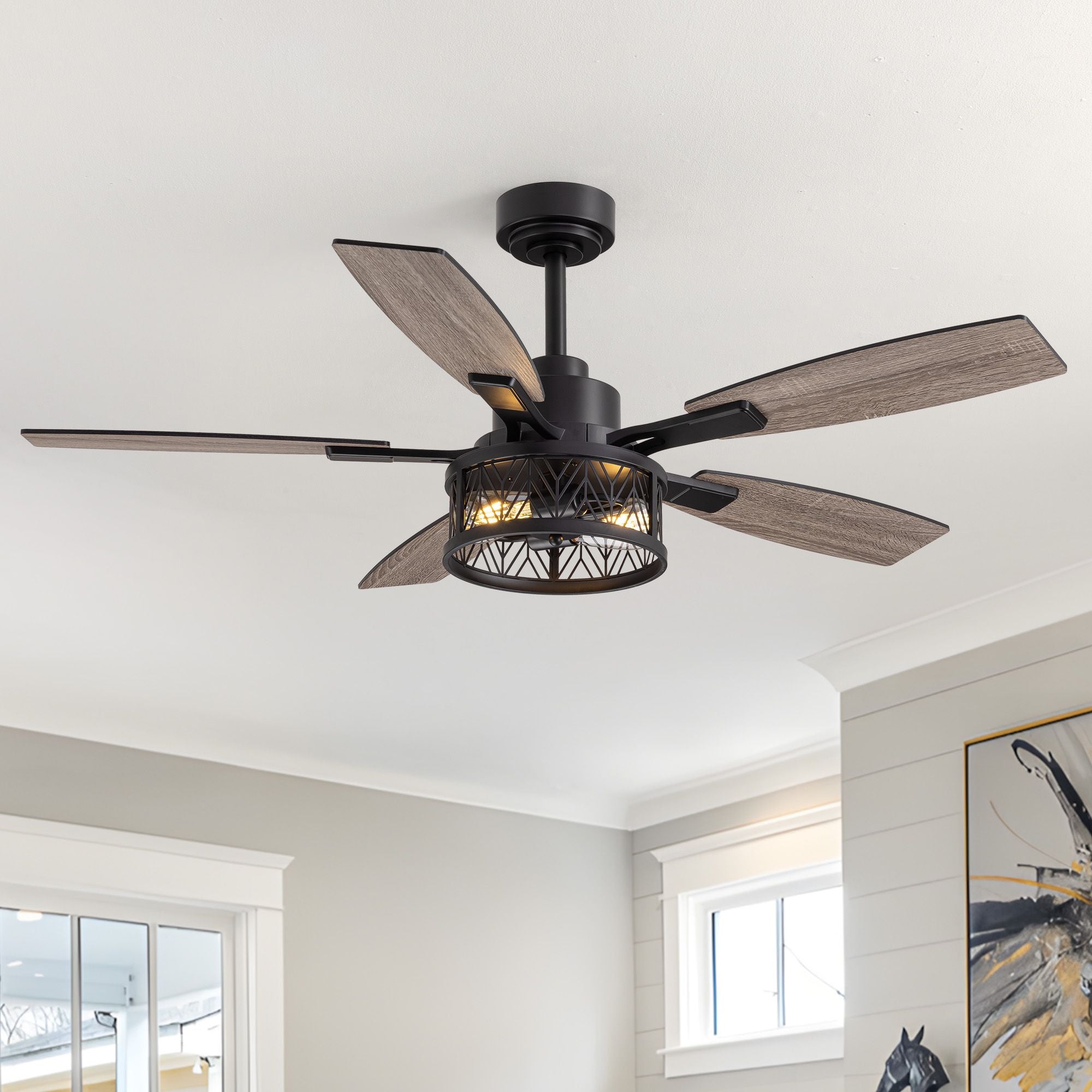 51" Farmhouse Ceiling Fan with LED Light — matte black motor housing, woven cage shade, reversible wood-grain blades, rustic ceiling fan in bright farmhouse interior | Sofary Lighting