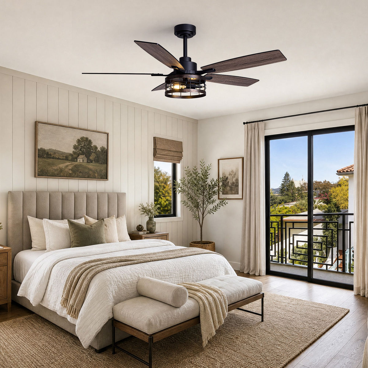 Black caged ceiling fan with light in bedroom — 52" farmhouse fandelier, quiet motor, rustic wood grain blades | Sofary Lighting