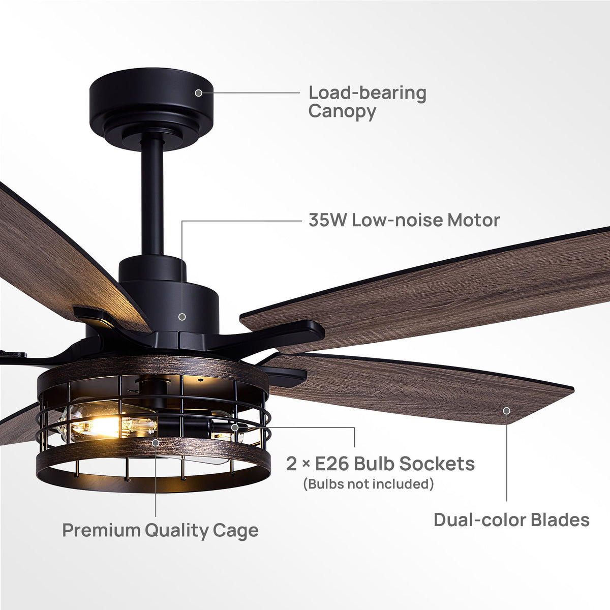 Detail of farmhouse fan — load-bearing canopy, 35W low-noise motor, premium cage, 2x E26 sockets, dual-color blades | Sofary Lighting