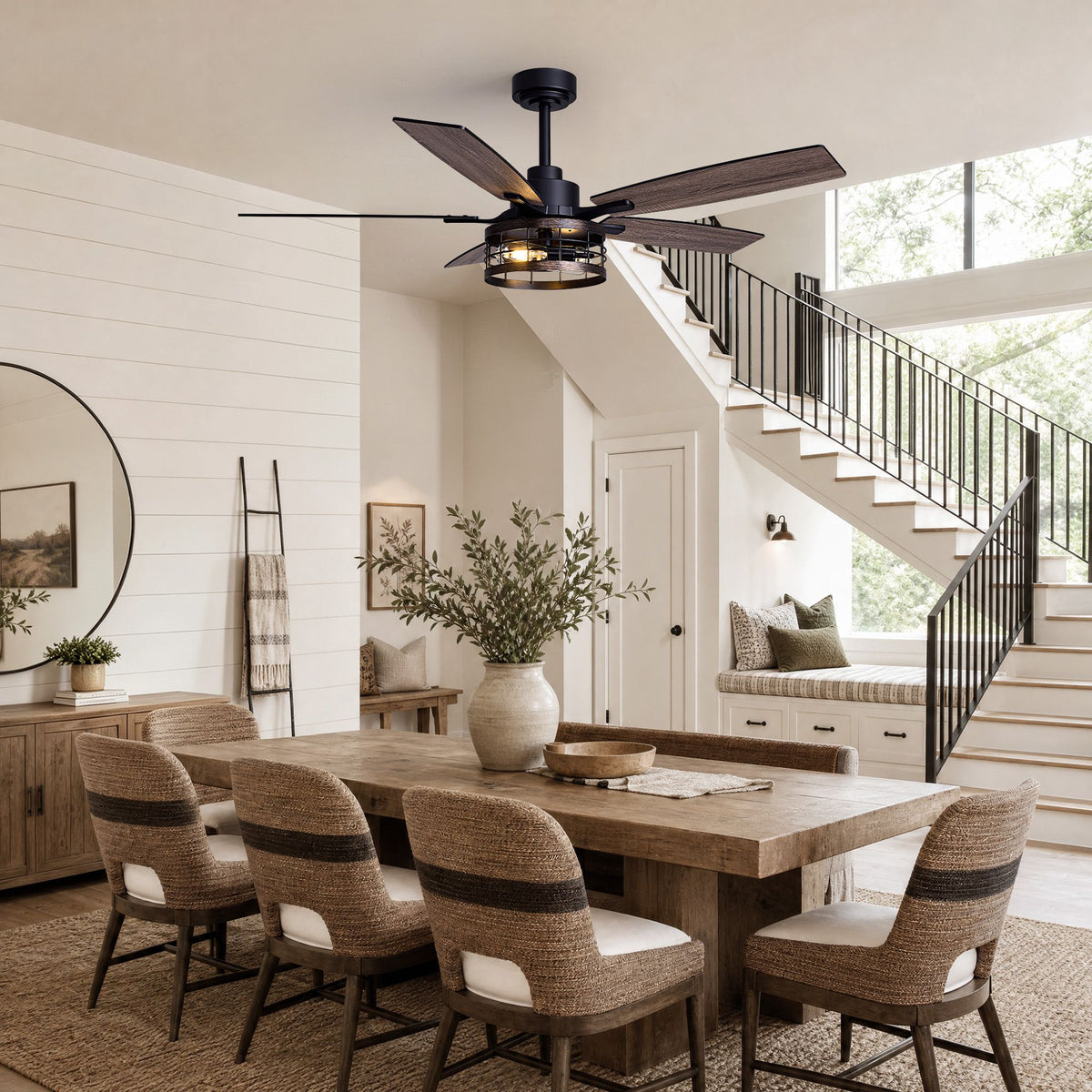 Farmhouse ceiling fan in dining room — 52" black caged fandelier, wood blades, industrial lighting for home interior | Sofary Lighting