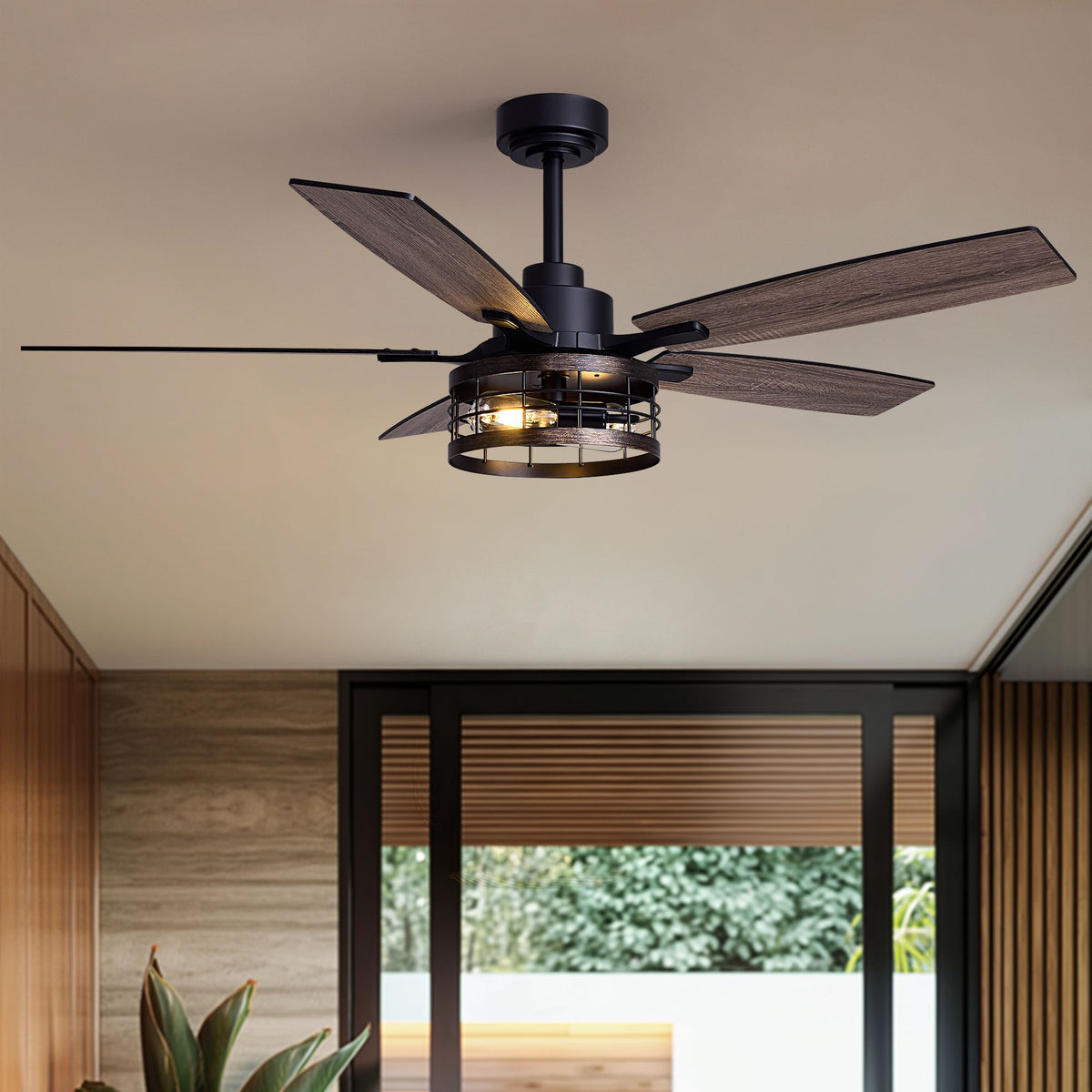52" Farmhouse Caged Black Ceiling Fan with Light & Remote Control — 5-blade rustic fandelier, industrial cage shade, wood grain blades | Sofary Lighting
