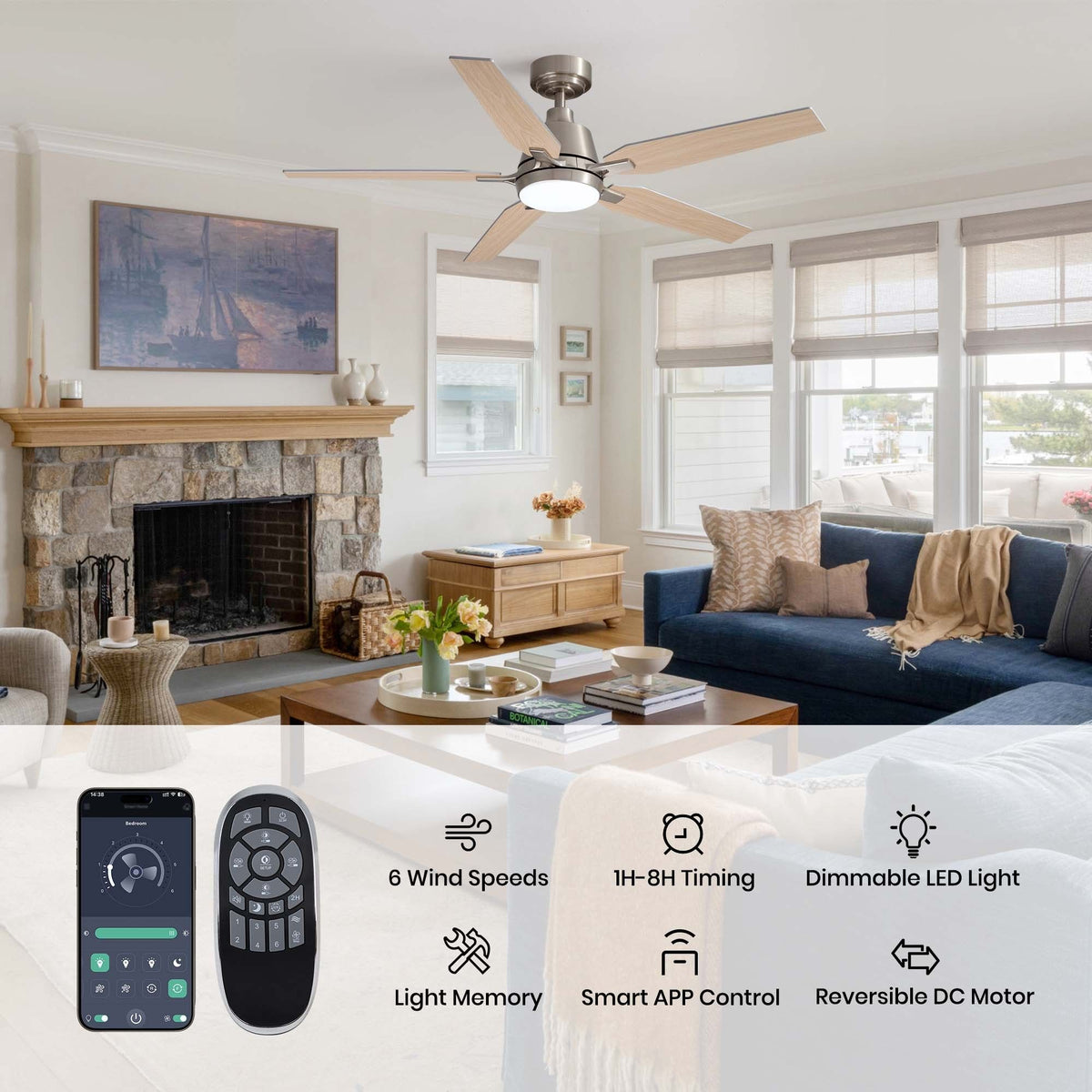 52" Smart ceiling fan features — 6 wind speeds, 1H-8H timing, dimmable LED light, light memory, smart APP control, reversible DC motor, remote and phone app interface, modern living room | Sofary Lighting