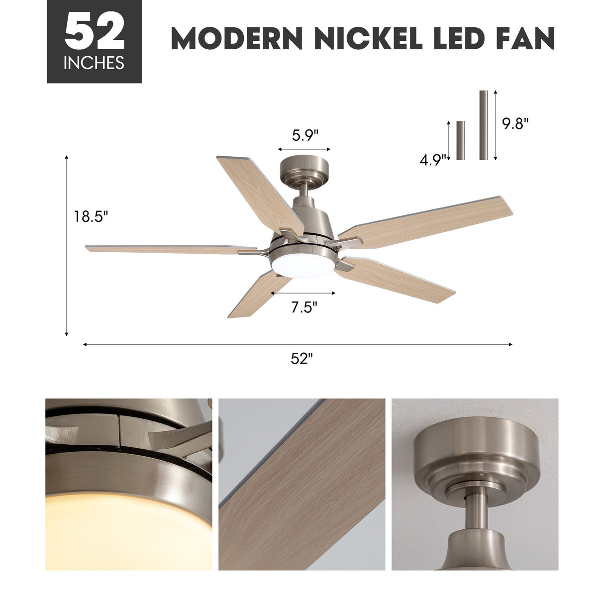 52" Farmhouse Brushed Nickel Smart Ceiling Fan dimensions — 52" diameter, 18.5" height, 7.5" light kit, 5.9" canopy, 4.9"/9.8" downrods included, motor and blade detail insets, flush/angled mount | Sofary Lighting