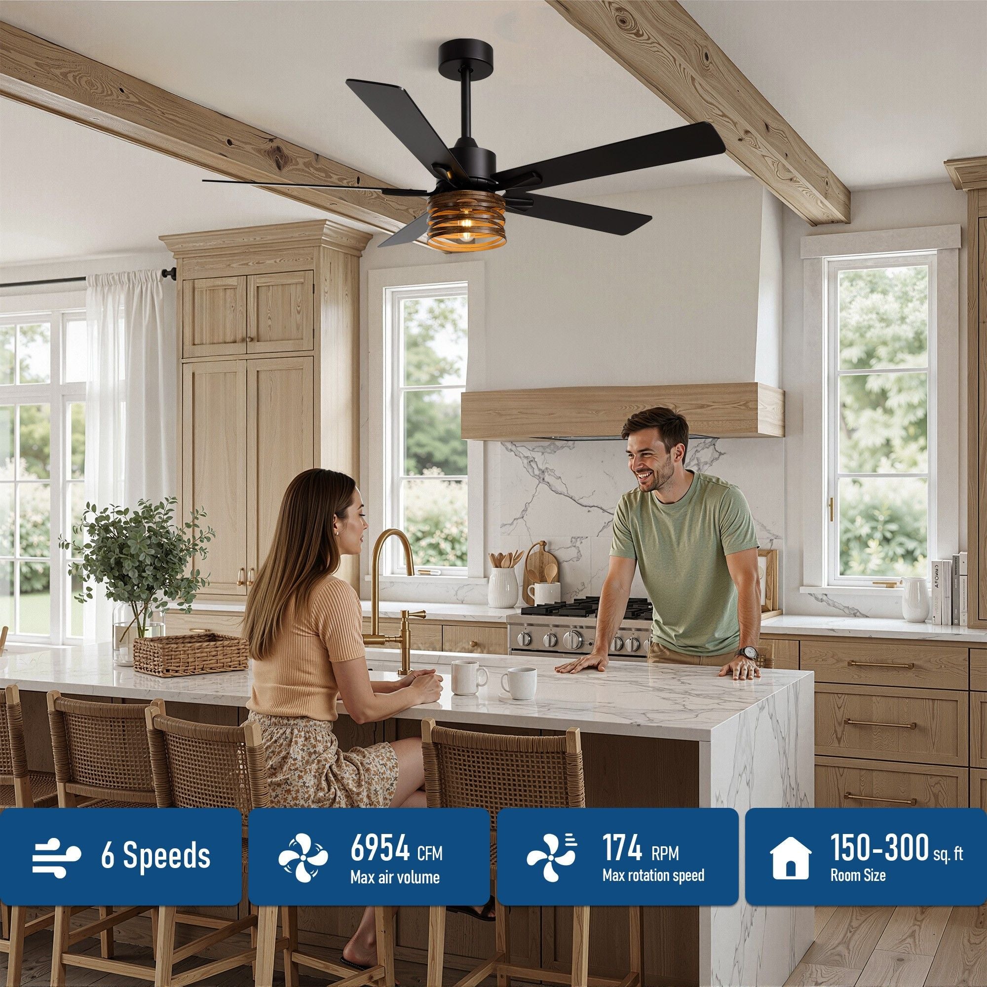 52" Industrial Farmhouse Ceiling Fan features — 6 speeds, max 6954 CFM airflow, 174 RPM, reversible DC motor, suitable for rooms 150-300 sq.ft, kitchen island scene with couple | Sofary Lighting