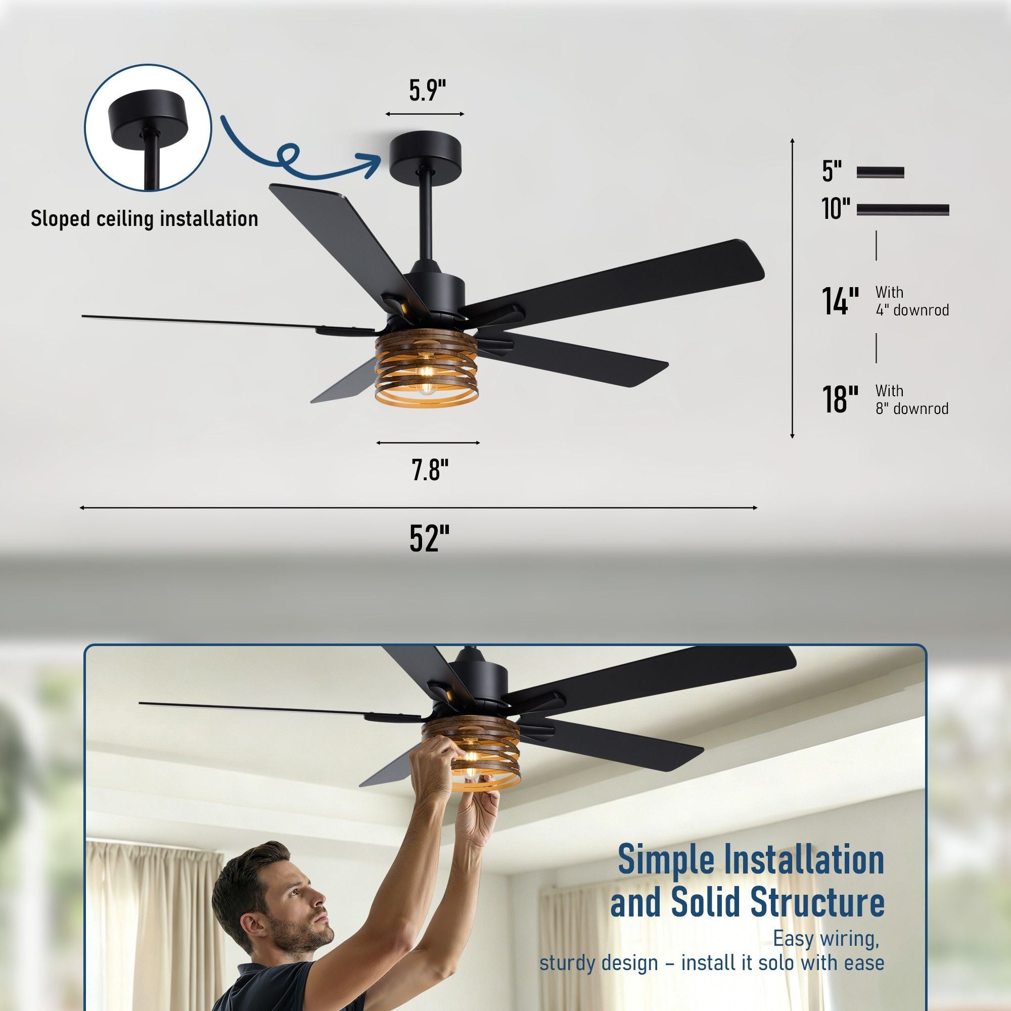 52" Industrial Farmhouse Ceiling Fan dimensions and installation — 52" blade span, canopy 5.9", light shade 7.8", height 5" flush / 10" / 14" with 4" downrod / 18" with 8" downrod, sloped ceiling compatible, simple installation solid structure, easy wiring solo install | Sofary Lighting