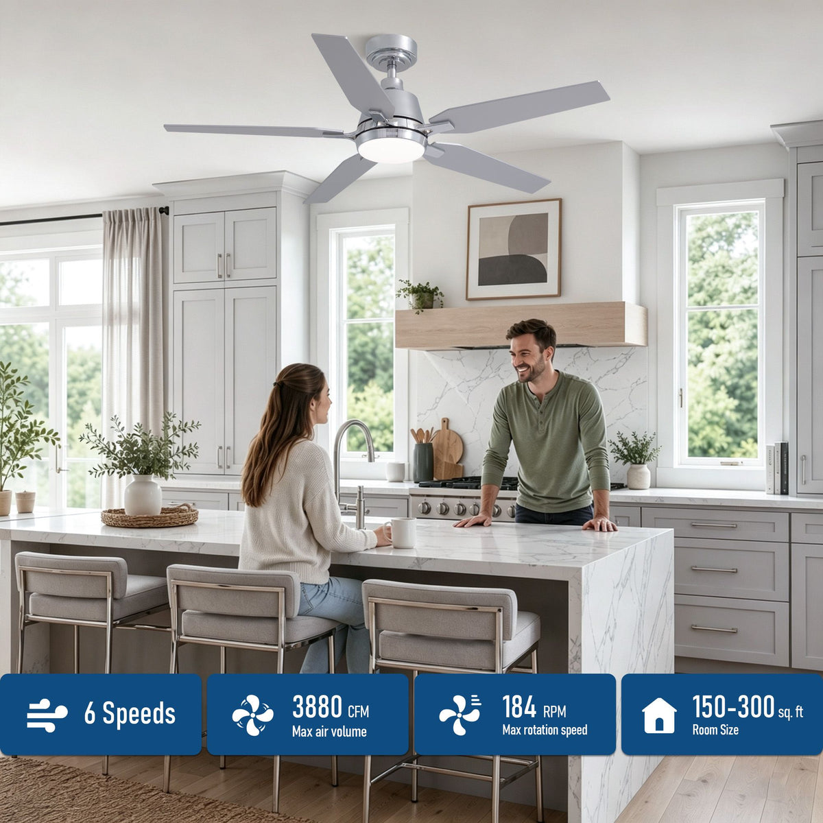Chrome 5-blade fandelier features — remote & app control, 6 speeds, reversible motor, dimmable LED, 3 color temperatures, timer function, 3880 CFM