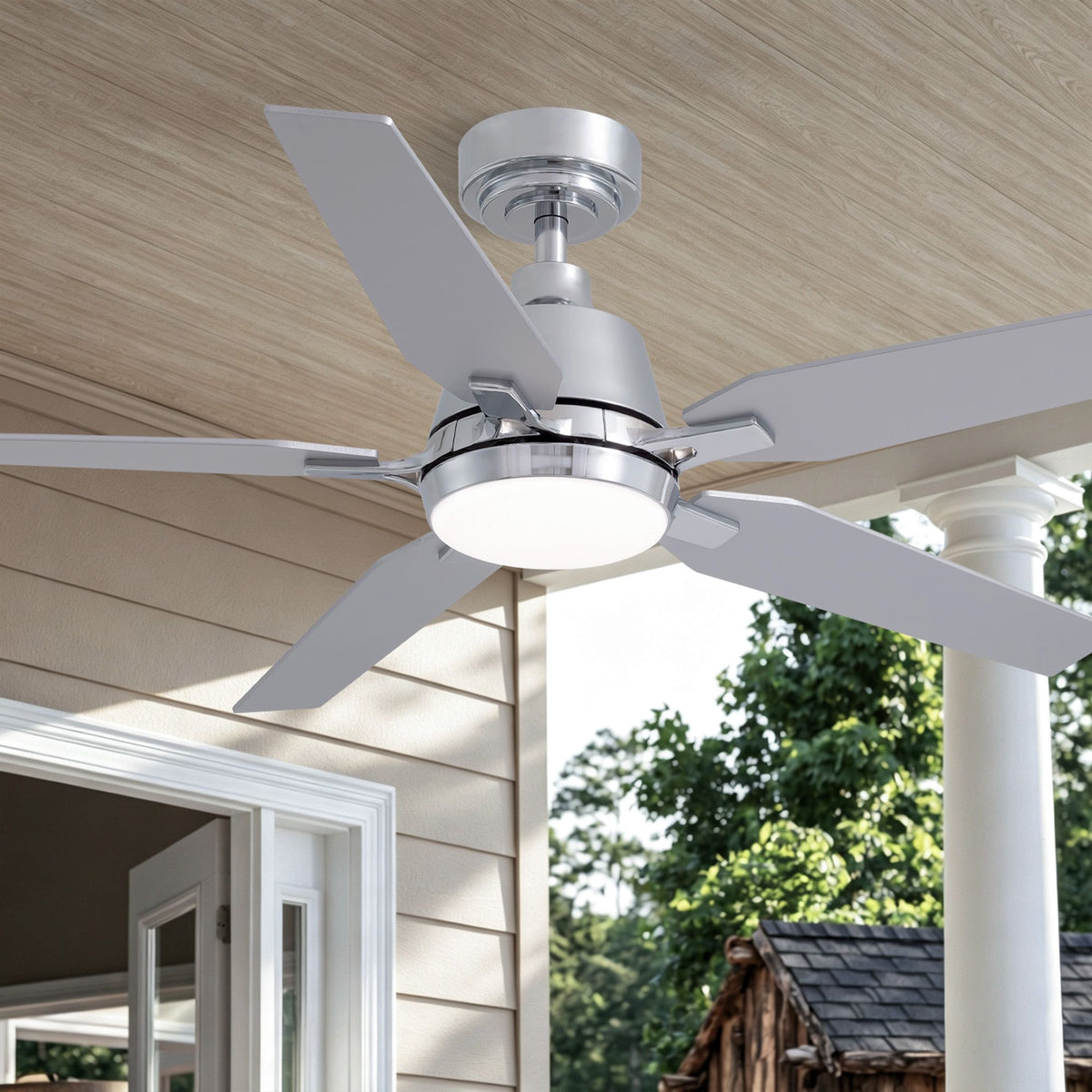 52" Modern Chrome Ceiling Fan with Light on outdoor patio — 5-blade fandelier, silver finish, integrated LED, wooden ceiling porch decor | Sofary Lighting
