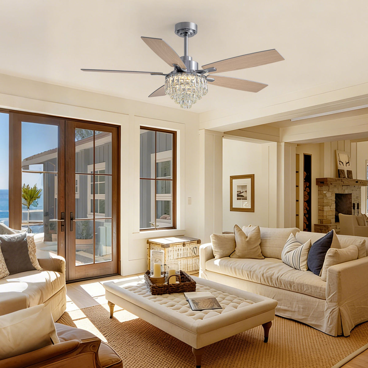 Chrome crystal ceiling fan in living room — beige sofa, ocean view, elegant modern home decor, bright natural light | Sofary Lighting