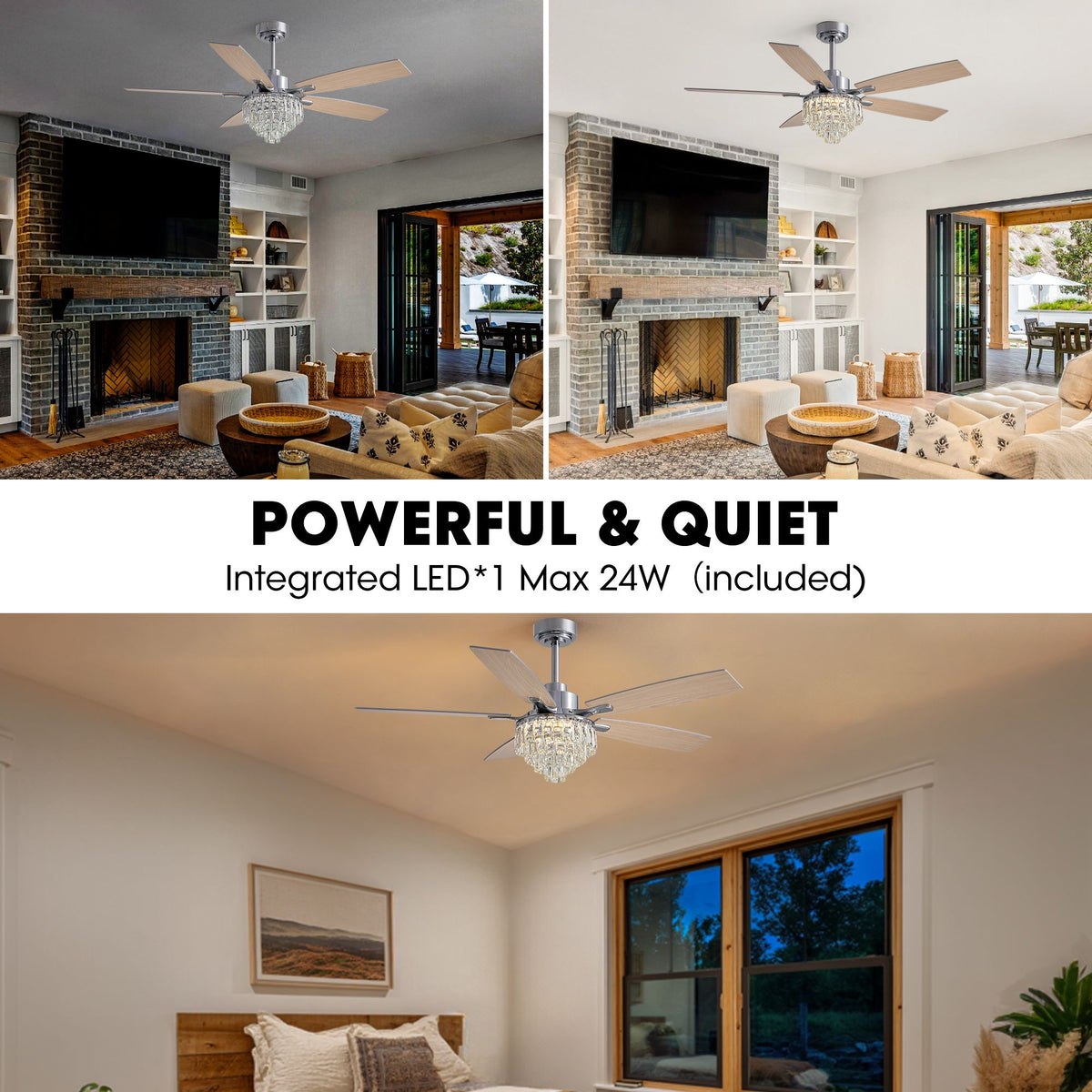 Powerful & quiet crystal ceiling fan — integrated LED 24W included, strong airflow, silent performance for living room & bedroom | Sofary Lighting