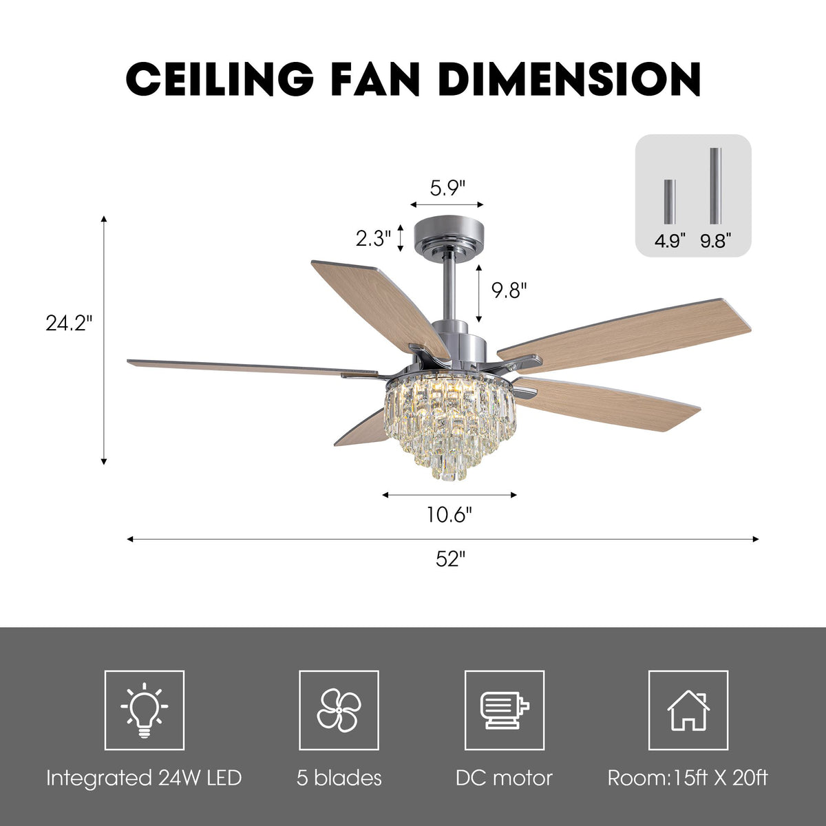 52" crystal ceiling fan dimensions — 52" blade span, 24.2" total height, 10.6" light diameter, downrod options 4.9"/9.8", 24W integrated LED, 5 blades, DC motor, ideal room 15x20 ft | Sofary Lighting
