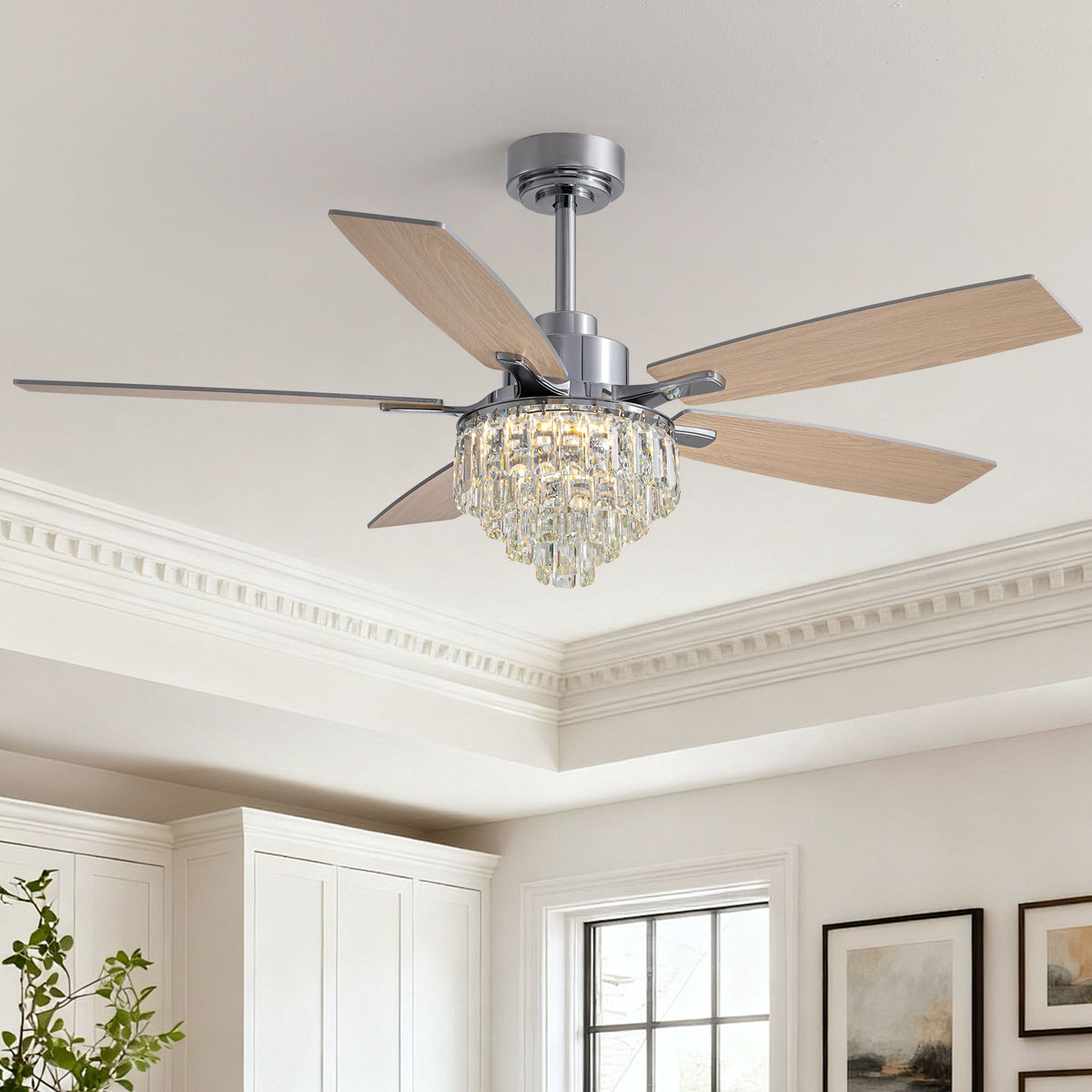 52" Modern Chrome Crystal Flush Mount Ceiling Fan with LED Light — 5 reversible wood/chrome blades, crystal chandelier shade, sleek silver motor, elegant lighting | Sofary Lighting