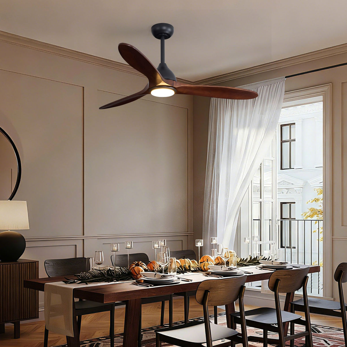 Modern solid wood ceiling fan in dining room — wooden table, warm decor, elegant wicker accents, cozy ambient LED lighting | Sofary Lighting