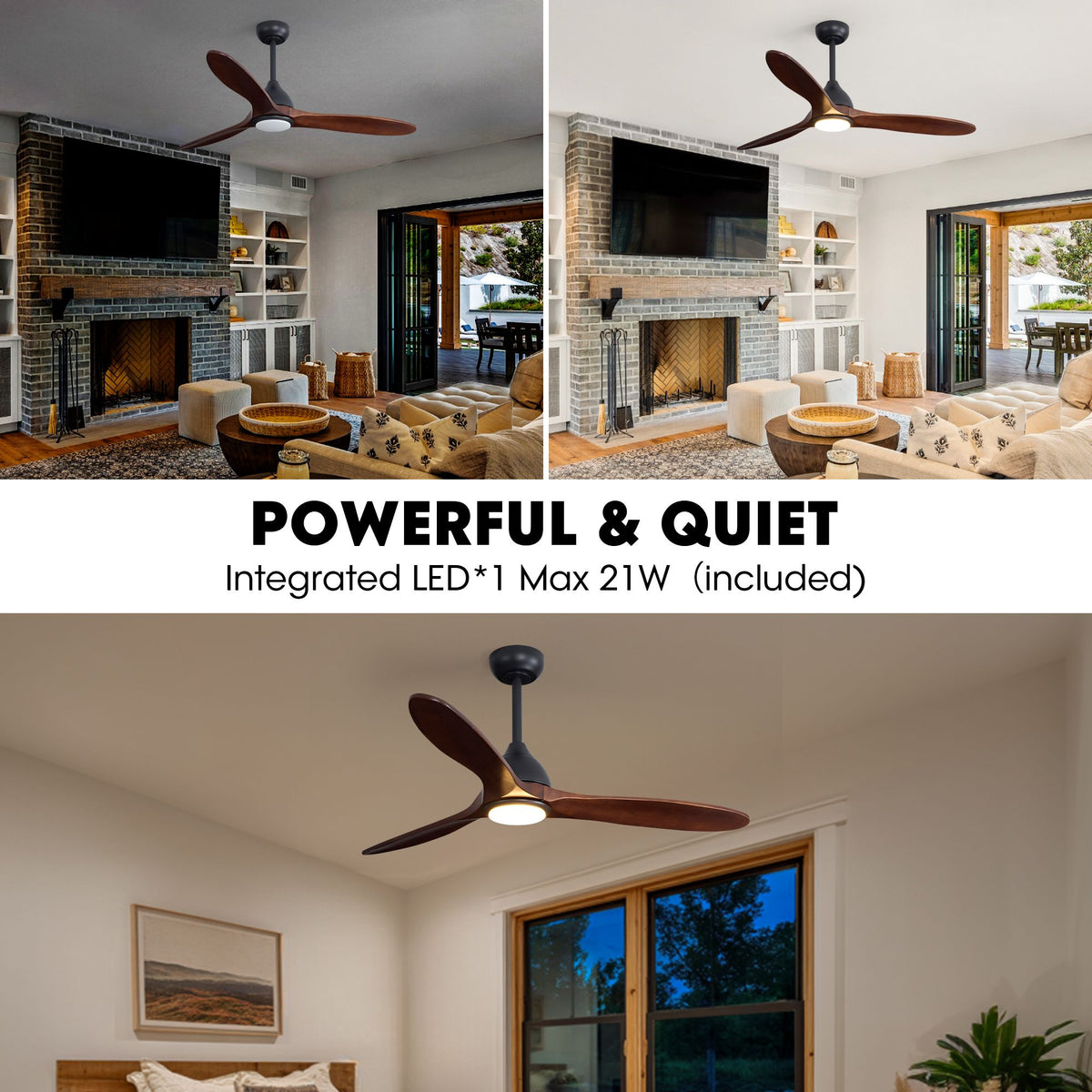 Powerful & quiet wood ceiling fan — integrated 21W LED included, strong airflow, silent DC motor, ideal for living spaces | Sofary Lighting