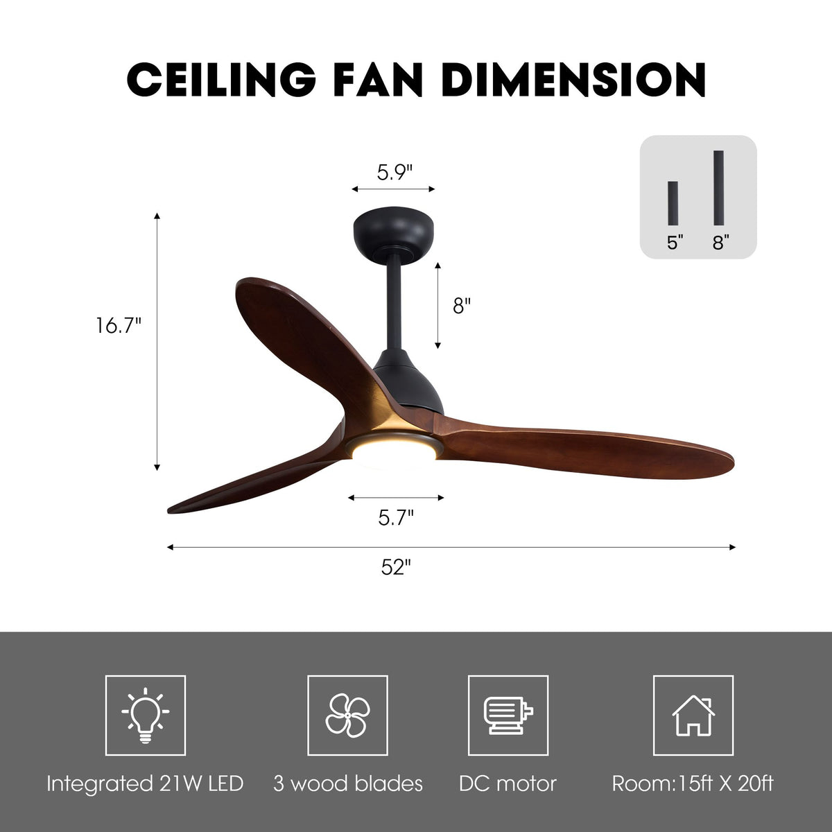 52" solid wood ceiling fan dimensions — 52" blade span, 16.7" height, 5.9" canopy, downrod 5"/8", 21W LED, 3 wood blades, DC motor, ideal room 15x20 ft | Sofary Lighting