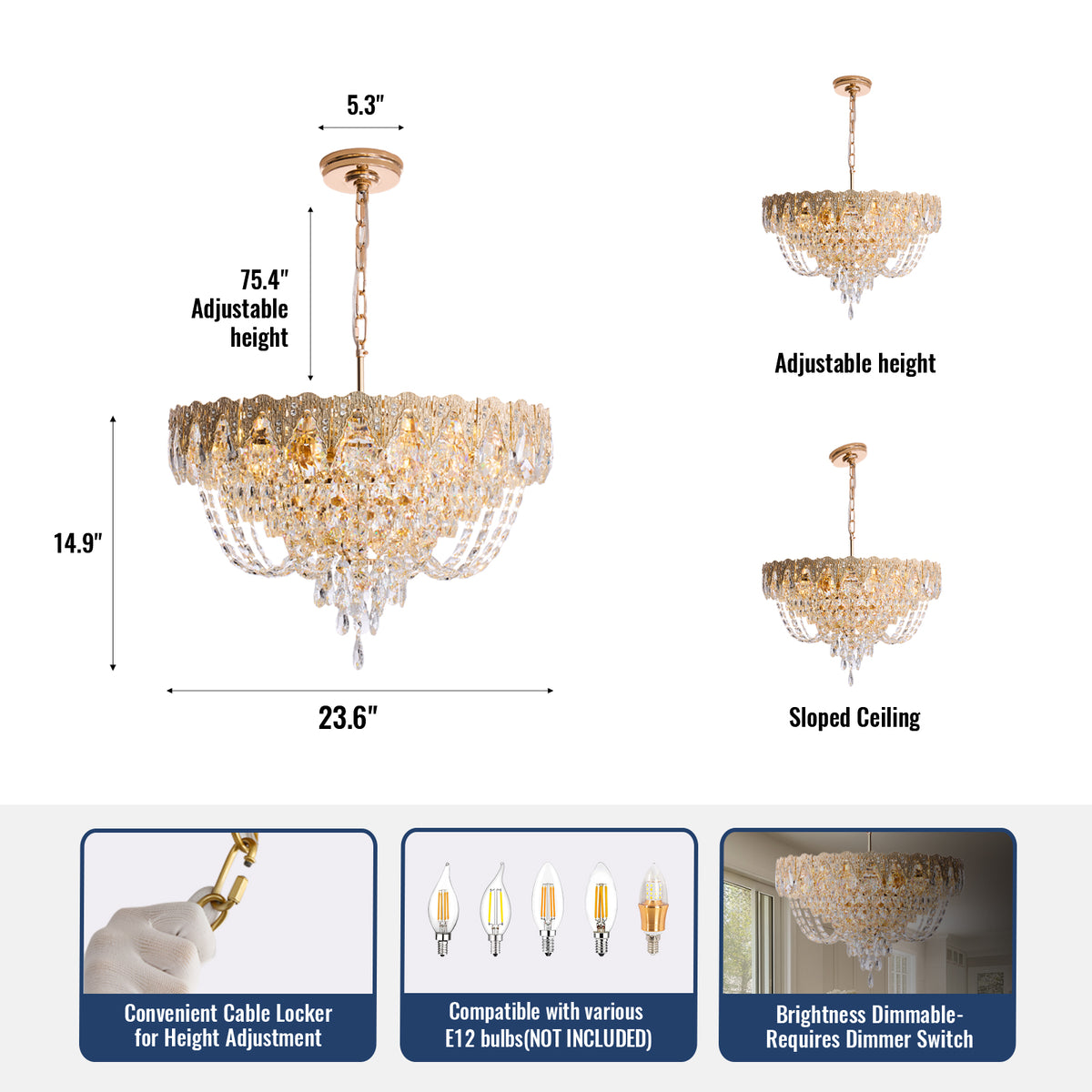 Auremont Classic Luxury Gold Crystal Cascading Round Chandelier