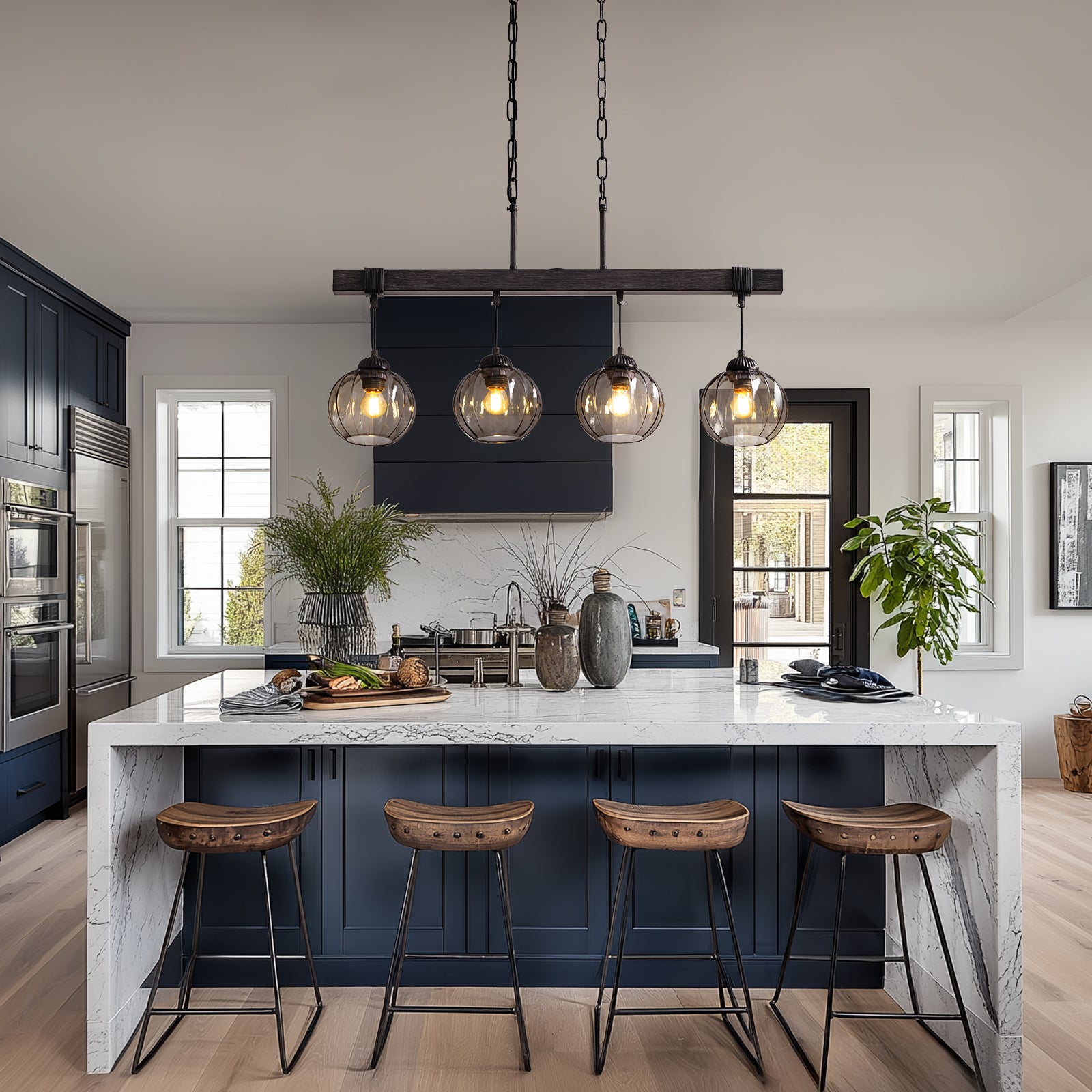 Rustora Farmhouse Dark Glass Globe Linear Island Chandelier